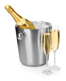 Photo of Champagne and bucket with ice isolated on white