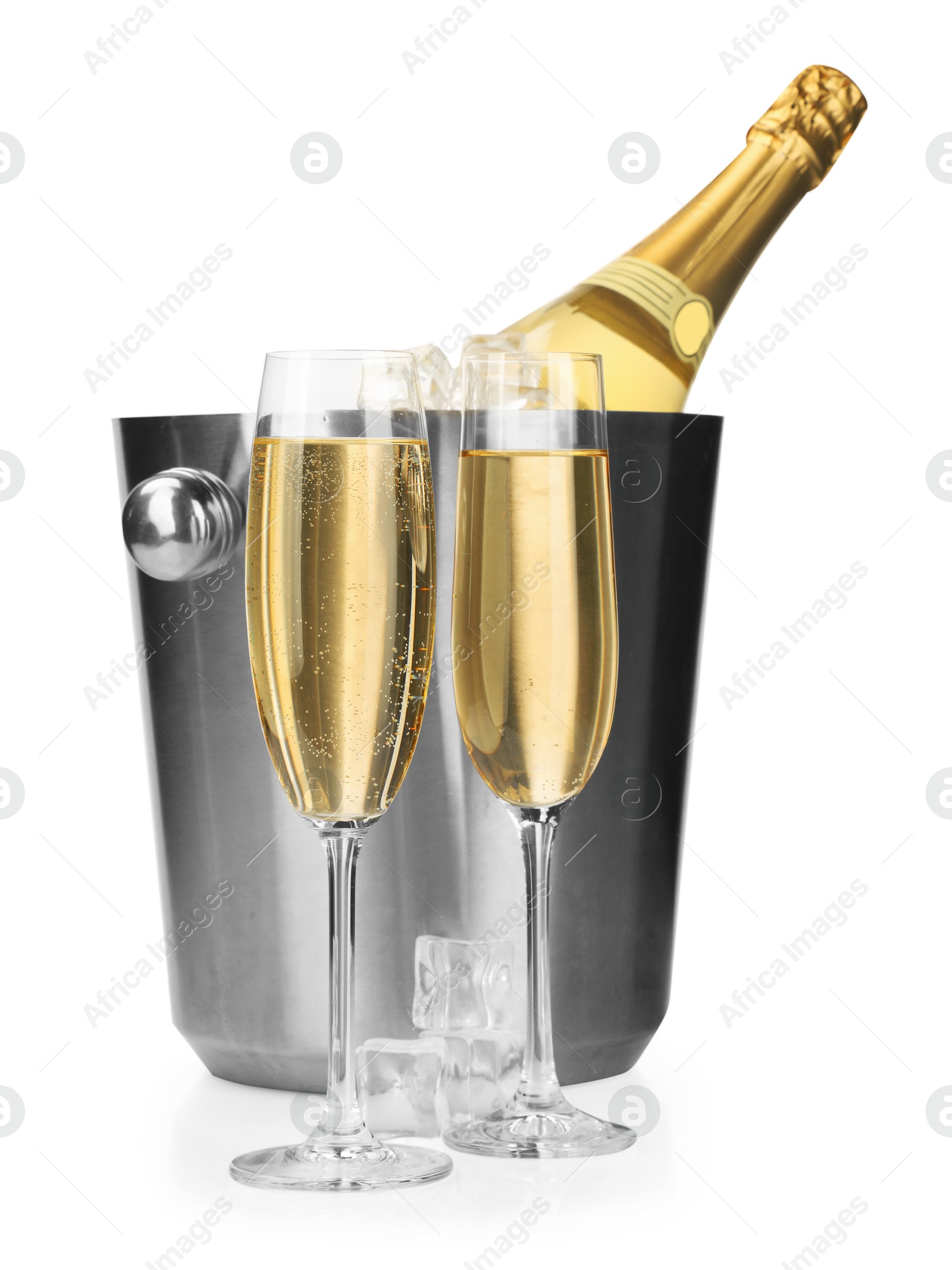 Photo of Champagne and bucket with ice isolated on white