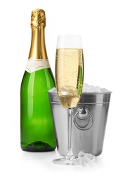 Photo of Champagne and bucket with ice isolated on white