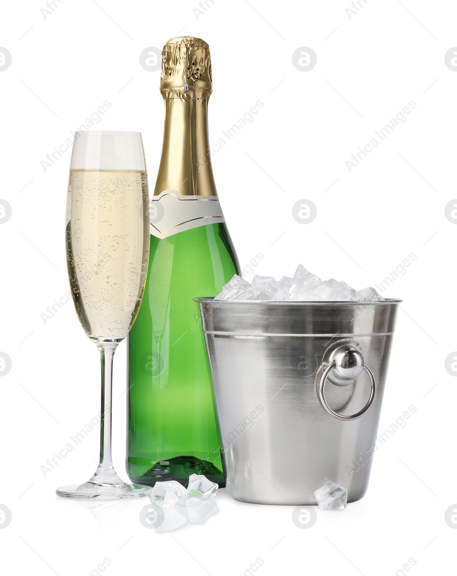 Photo of Champagne and bucket with ice isolated on white