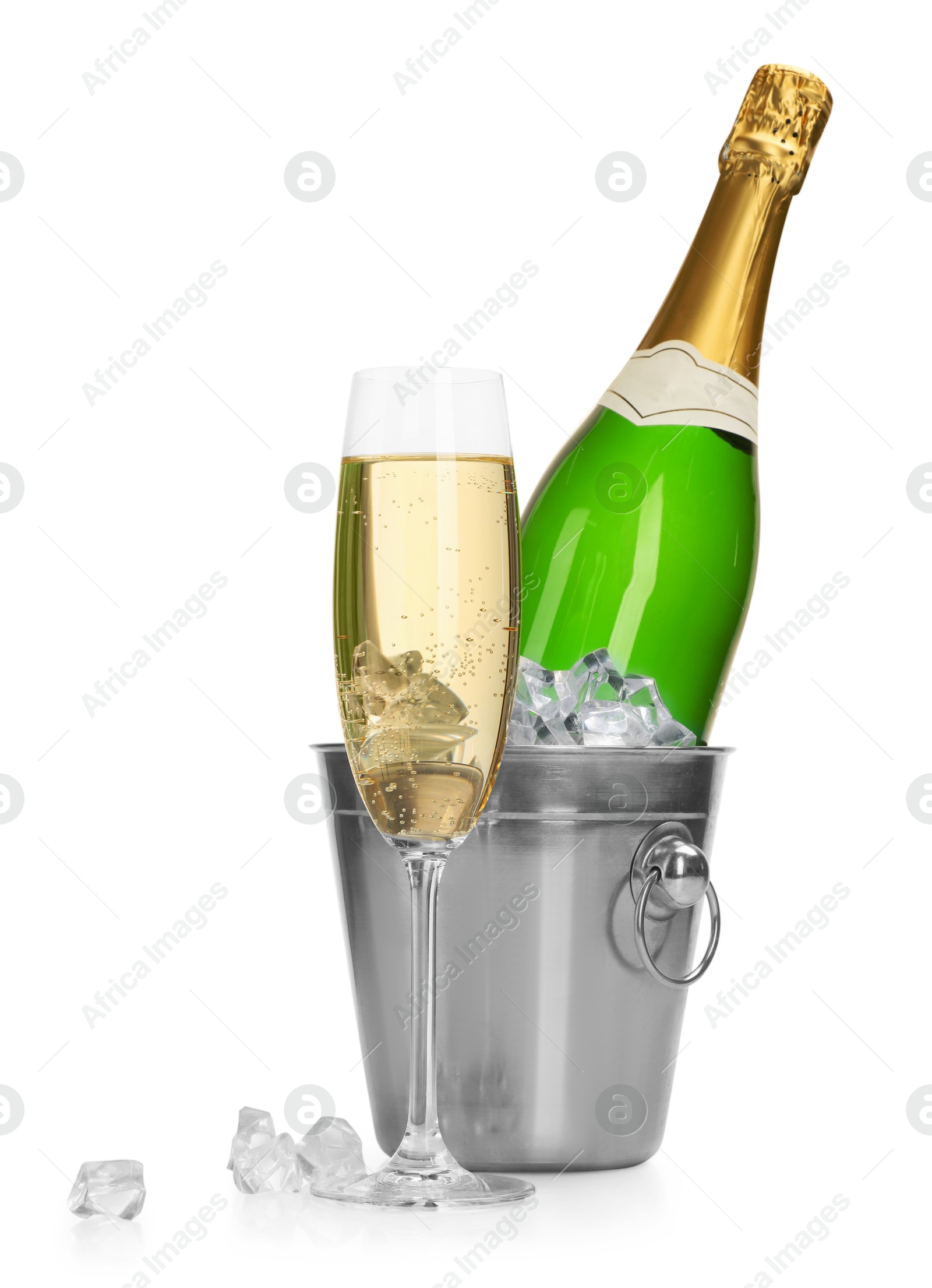 Photo of Champagne and bucket with ice isolated on white