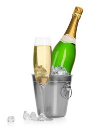 Champagne and bucket with ice isolated on white