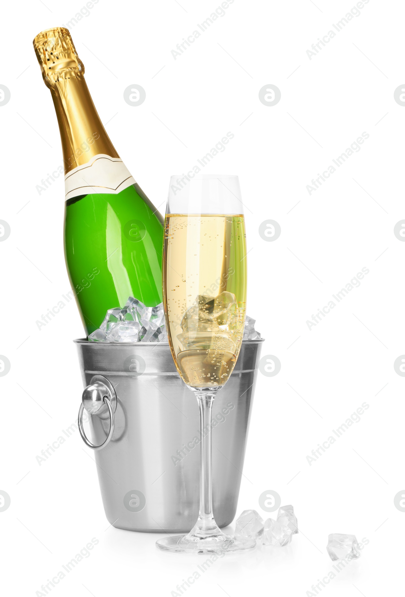 Photo of Champagne and bucket with ice isolated on white