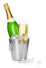 Photo of Champagne and bucket with ice isolated on white