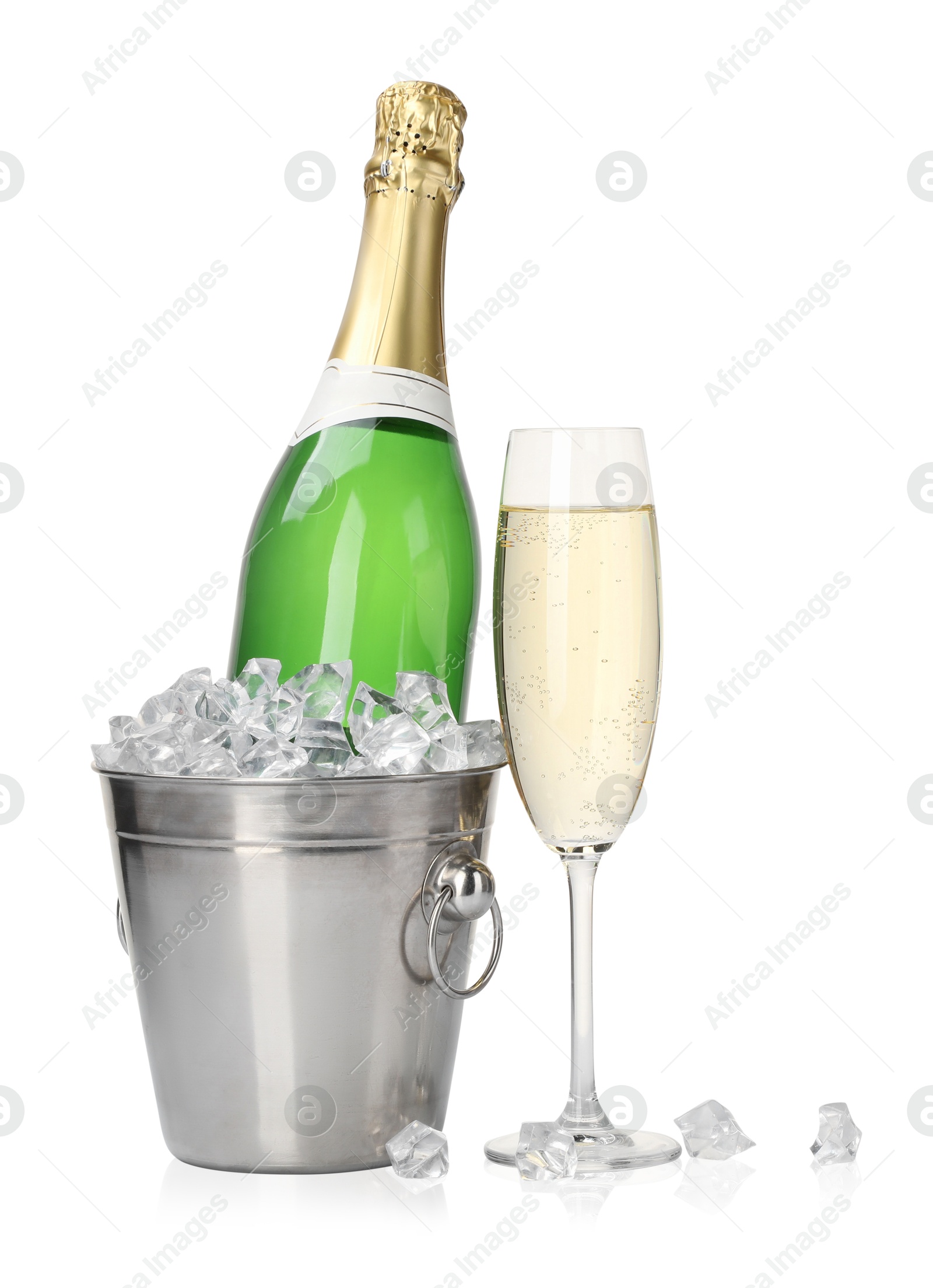 Photo of Champagne and bucket with ice isolated on white