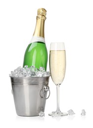 Photo of Champagne and bucket with ice isolated on white