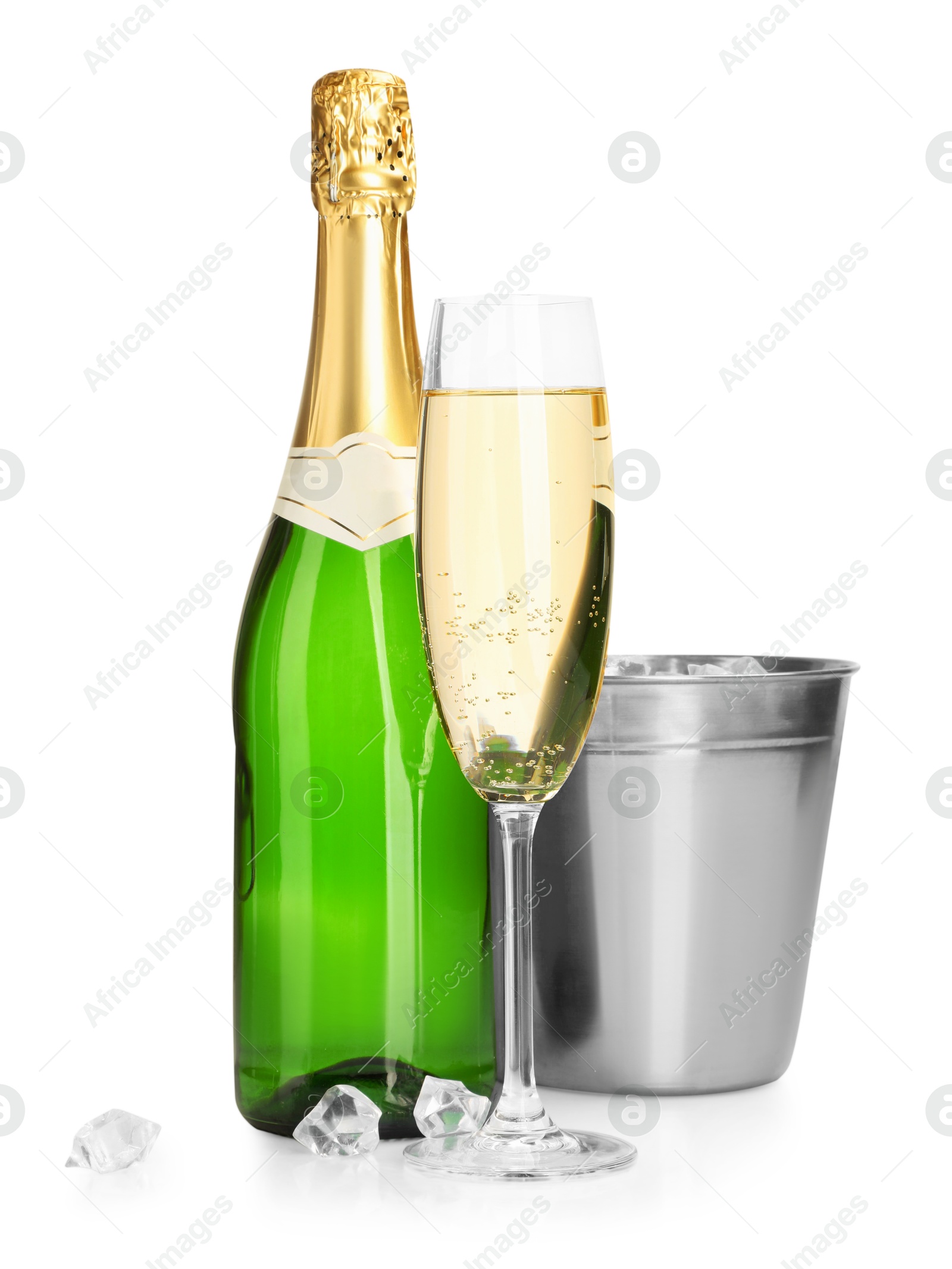 Photo of Champagne and bucket with ice isolated on white