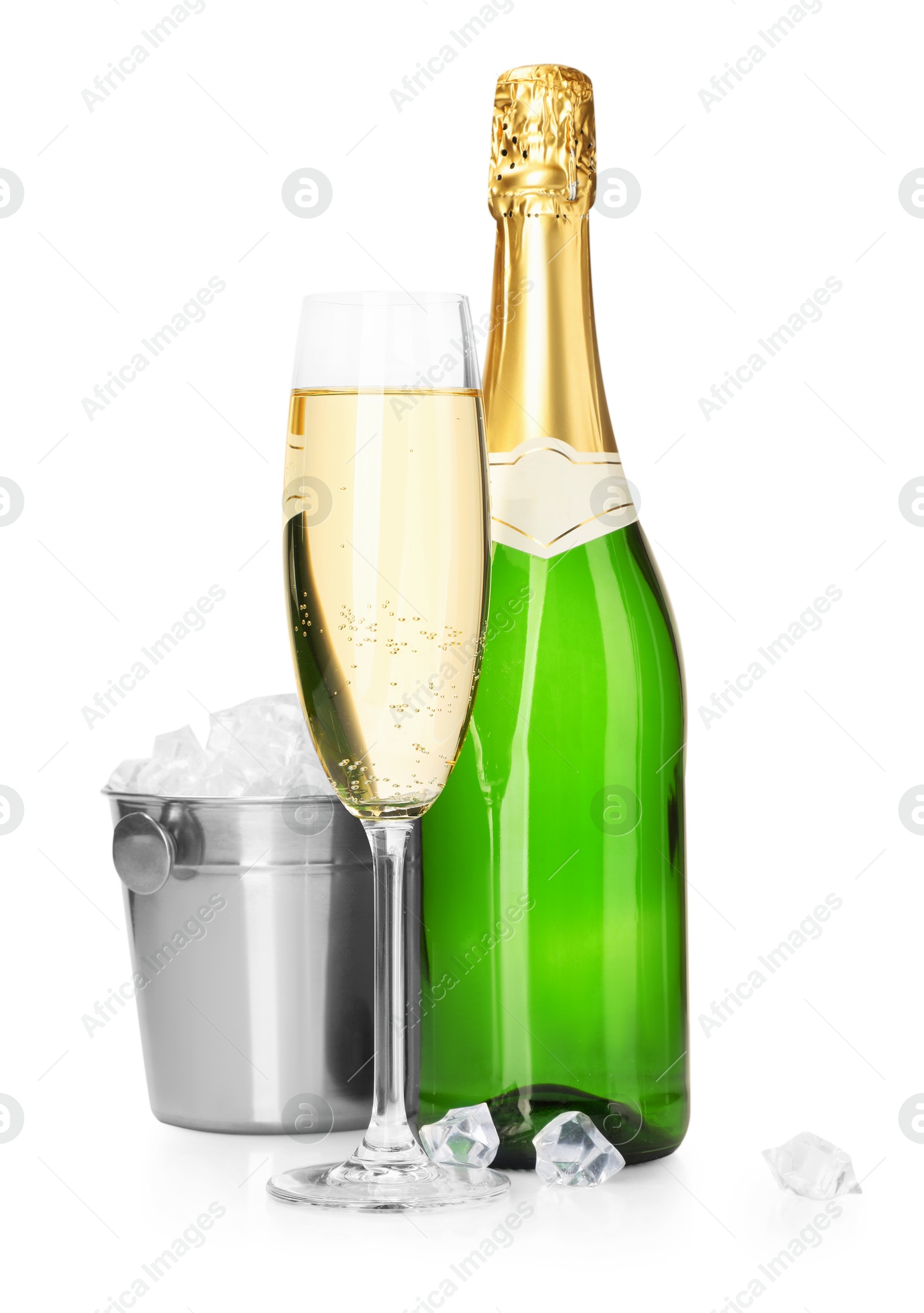 Photo of Champagne and bucket with ice isolated on white