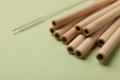 Photo of Bamboo drinking straws and cleaning brush on green background, closeup