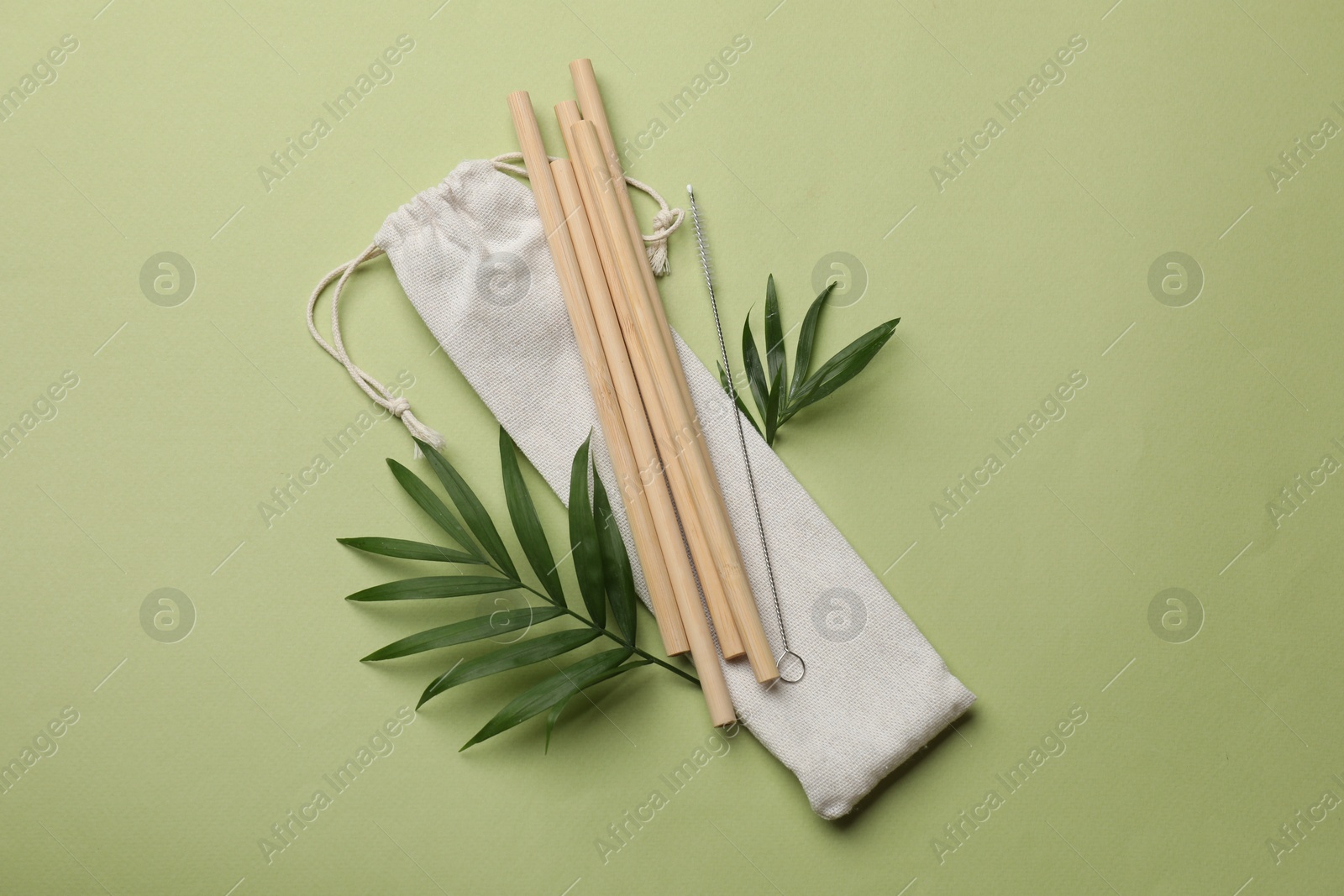 Photo of Bamboo drinking straws, cleaning brush and palm leaves on green background, top view