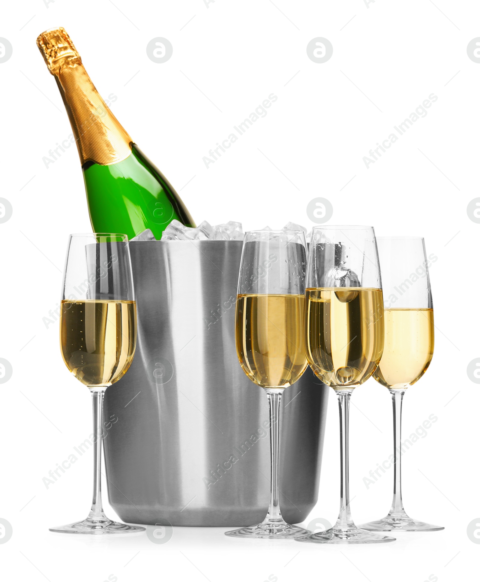 Photo of Champagne and bucket with ice isolated on white