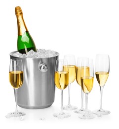 Photo of Champagne and bucket with ice isolated on white