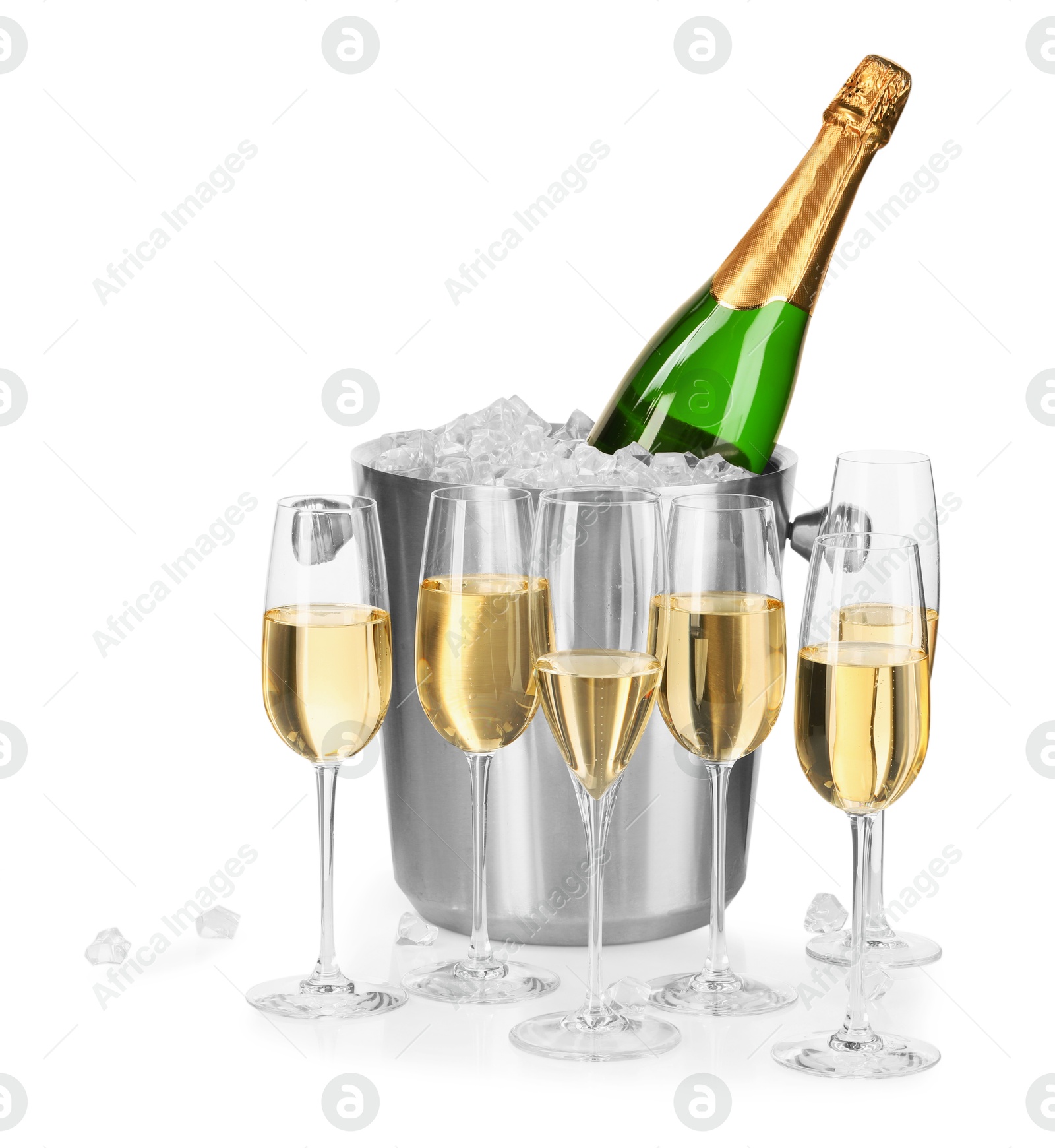 Photo of Champagne and bucket with ice isolated on white