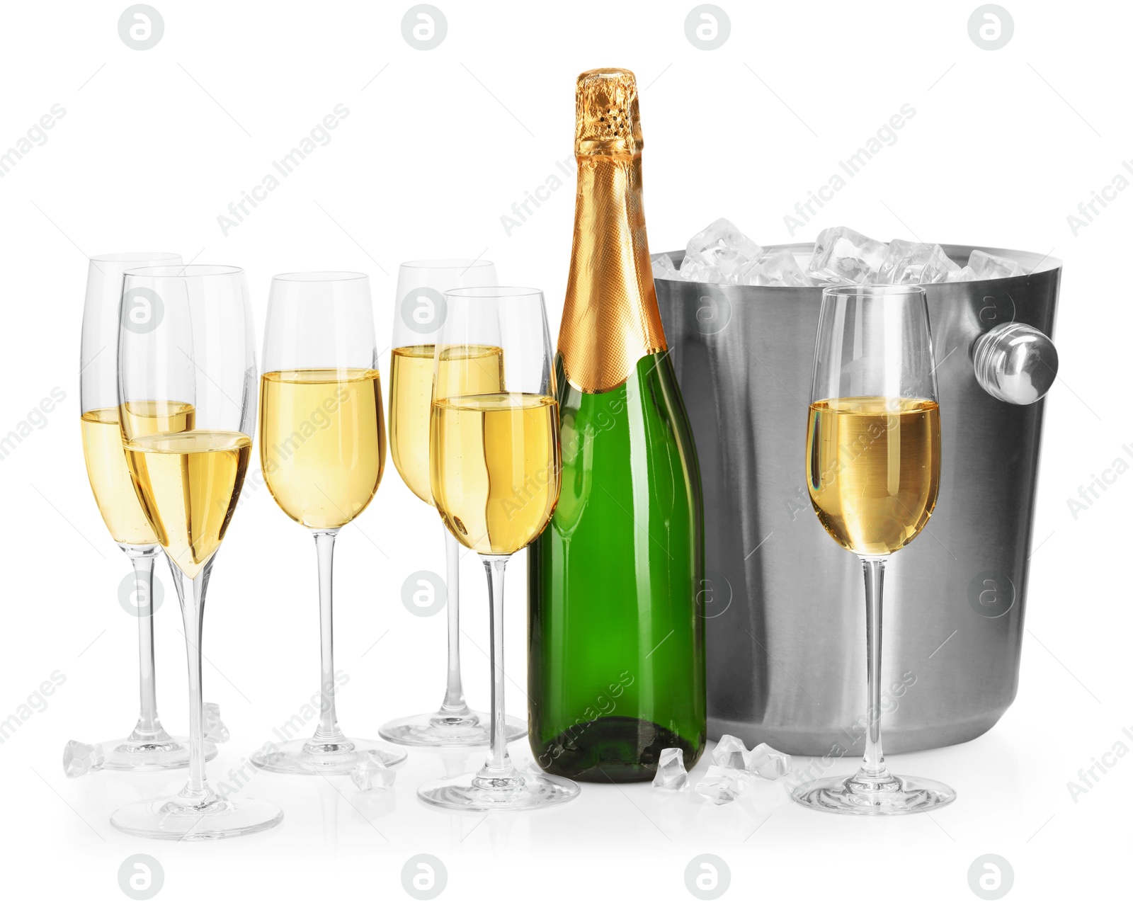 Photo of Champagne and bucket with ice isolated on white