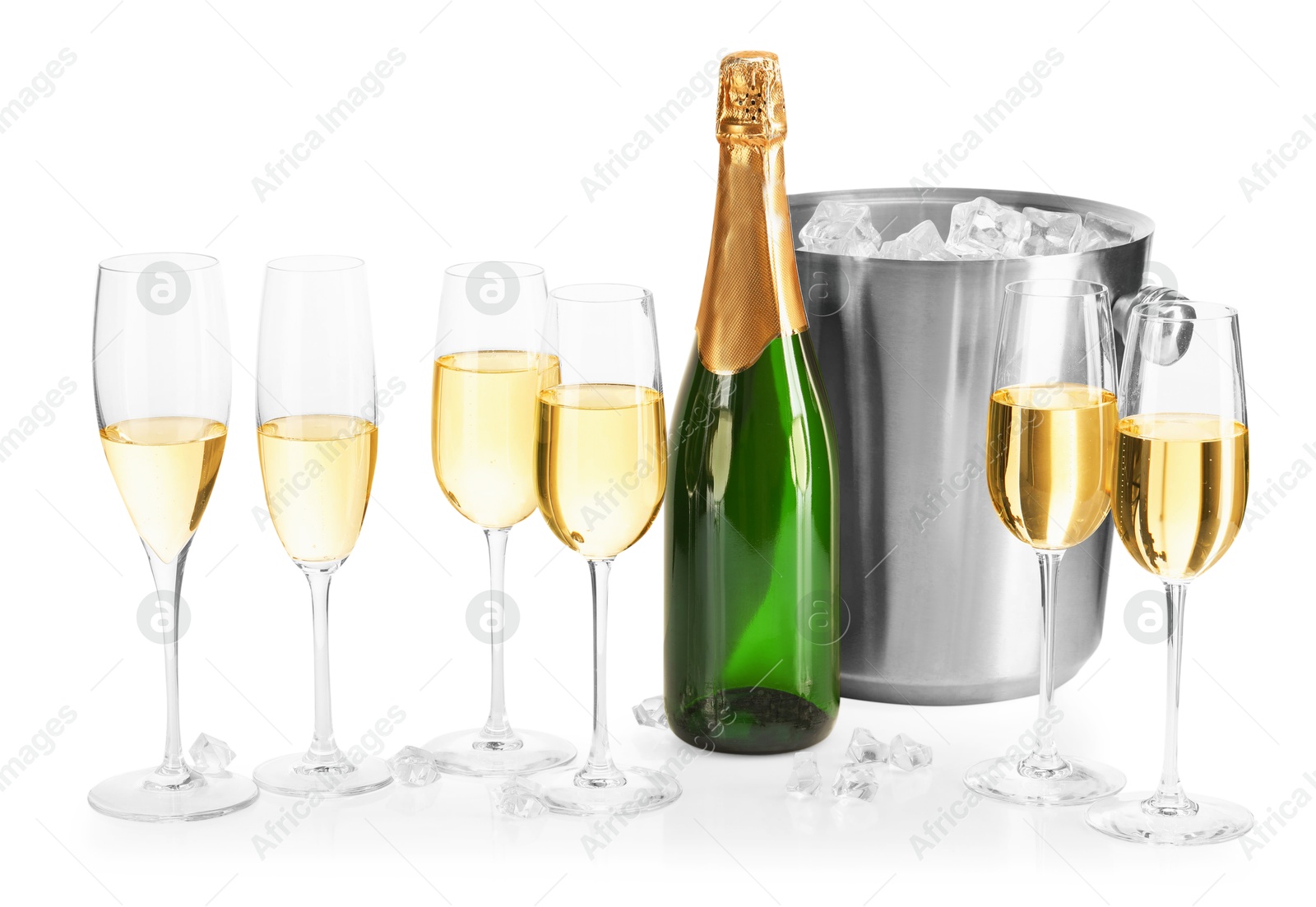 Photo of Champagne and bucket with ice isolated on white