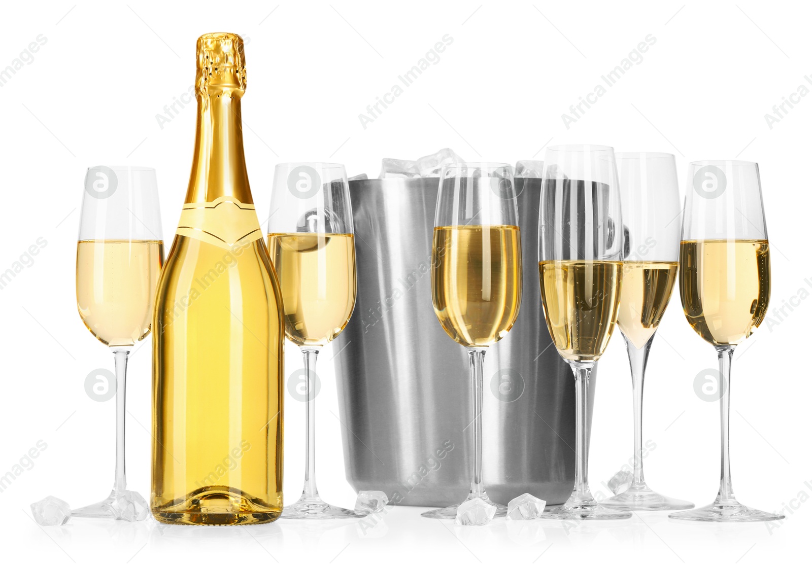 Photo of Champagne and bucket with ice isolated on white