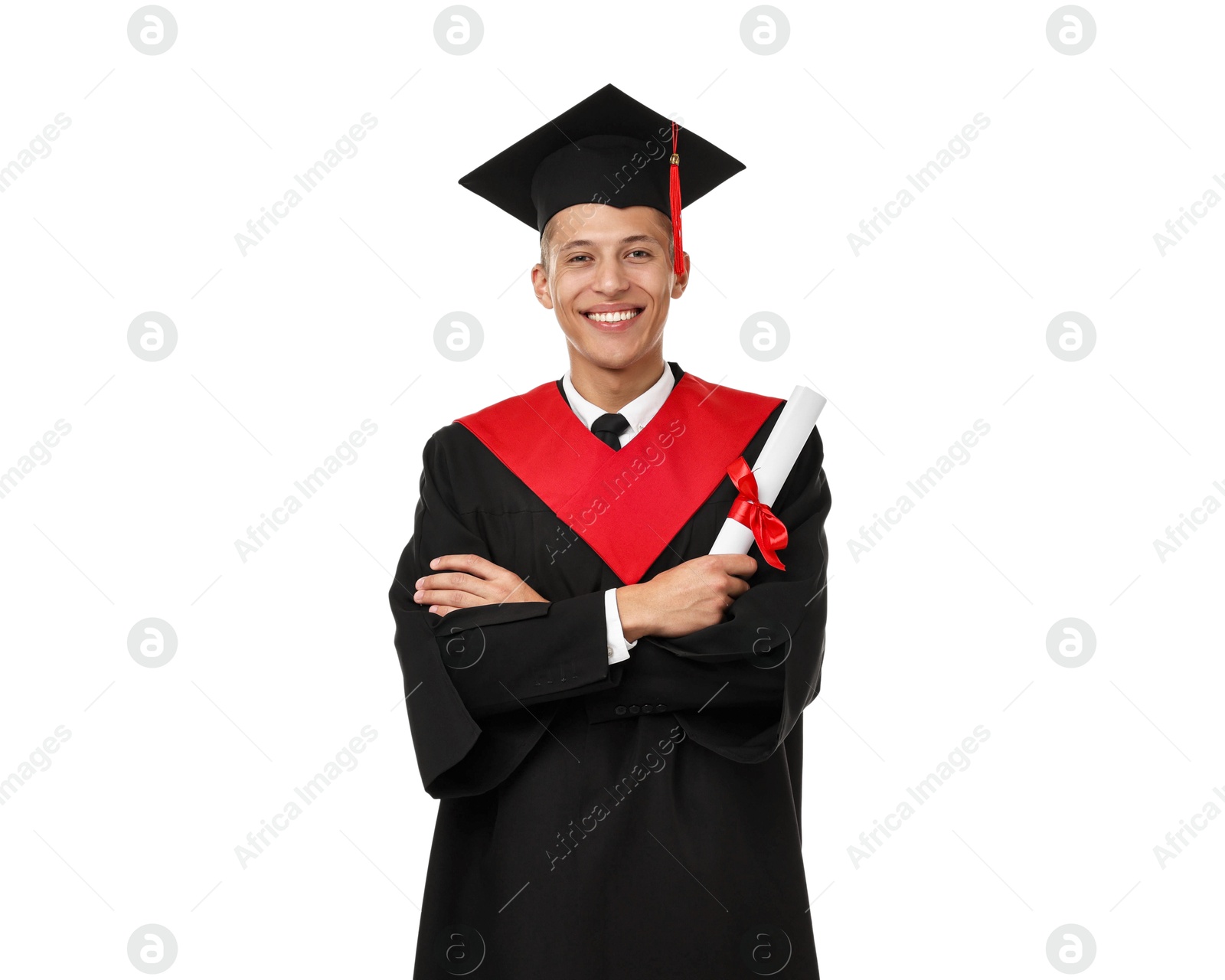 Photo of Happy student with diploma after graduation on white background