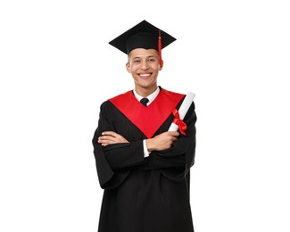 Photo of Happy student with diploma after graduation on white background