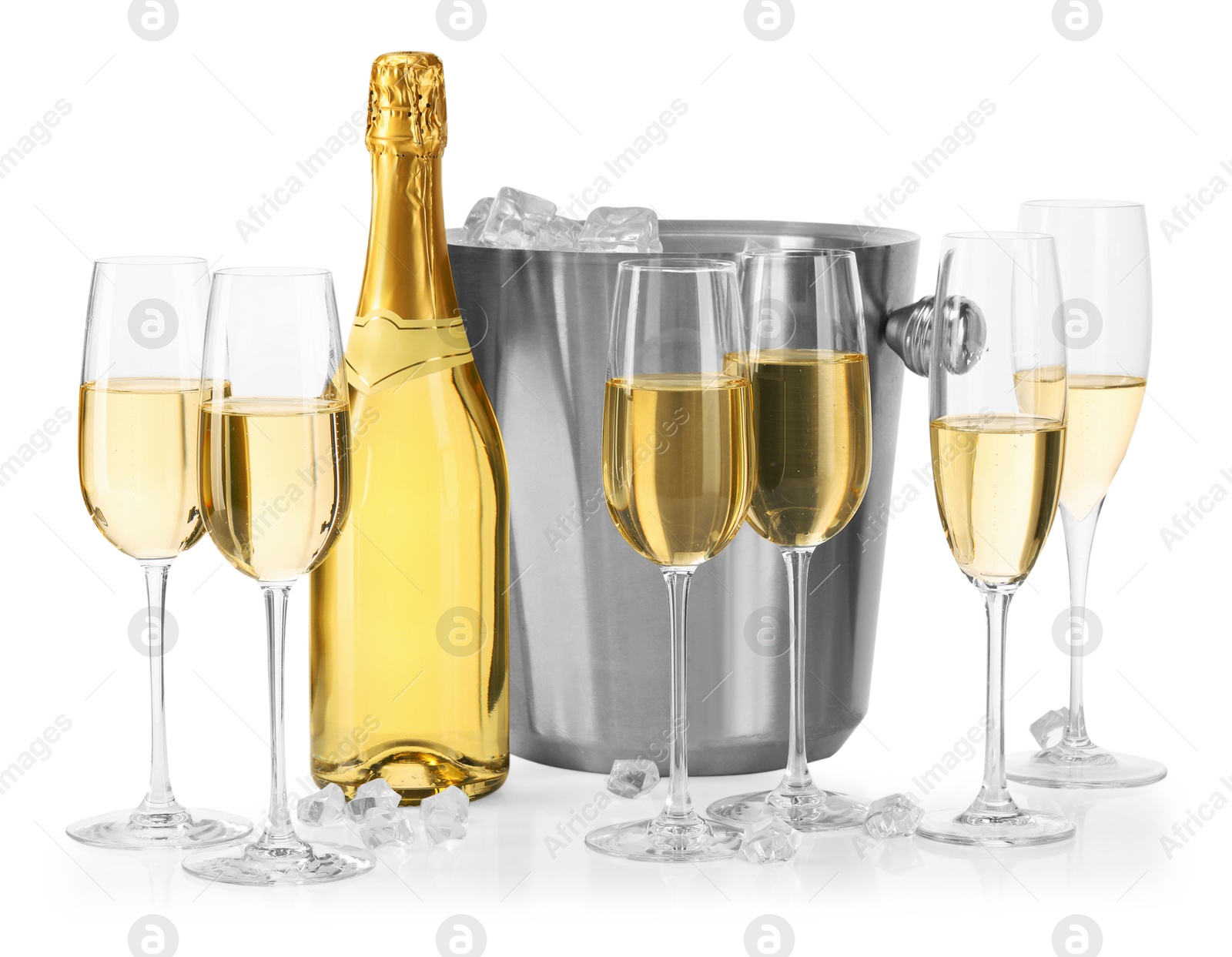 Photo of Champagne and bucket with ice isolated on white