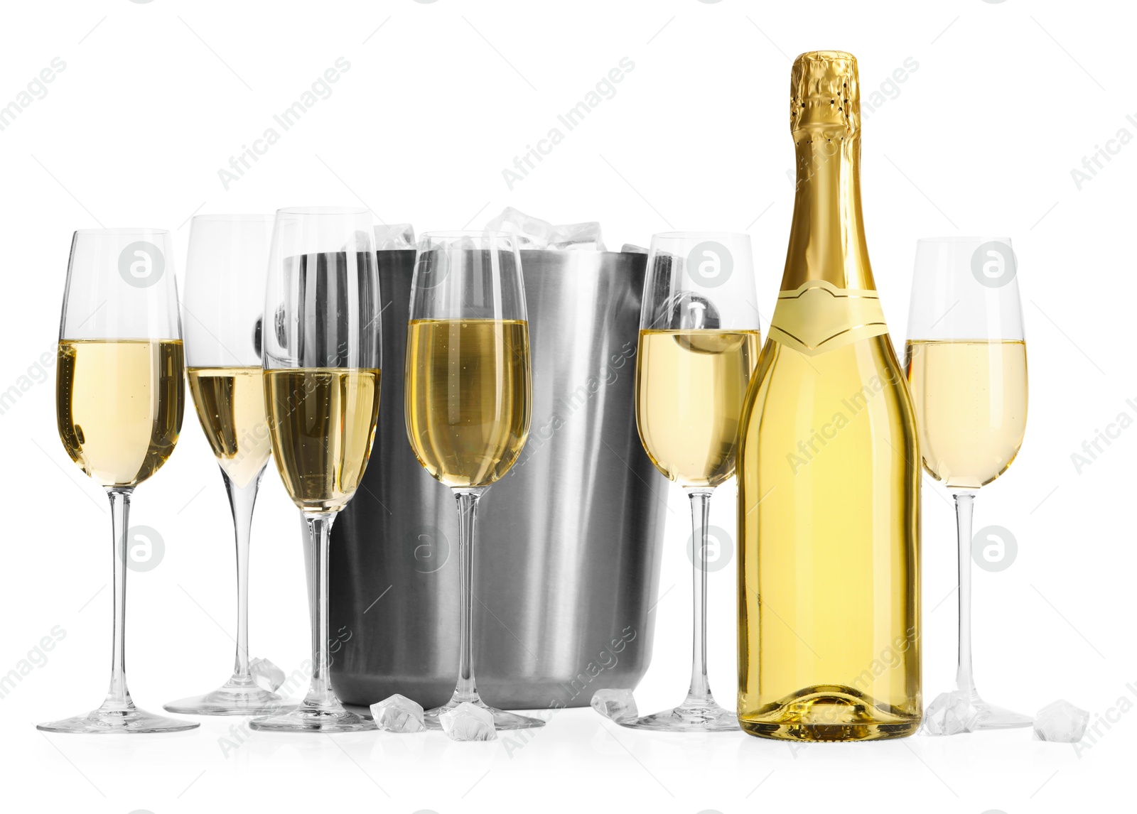 Photo of Champagne and bucket with ice isolated on white