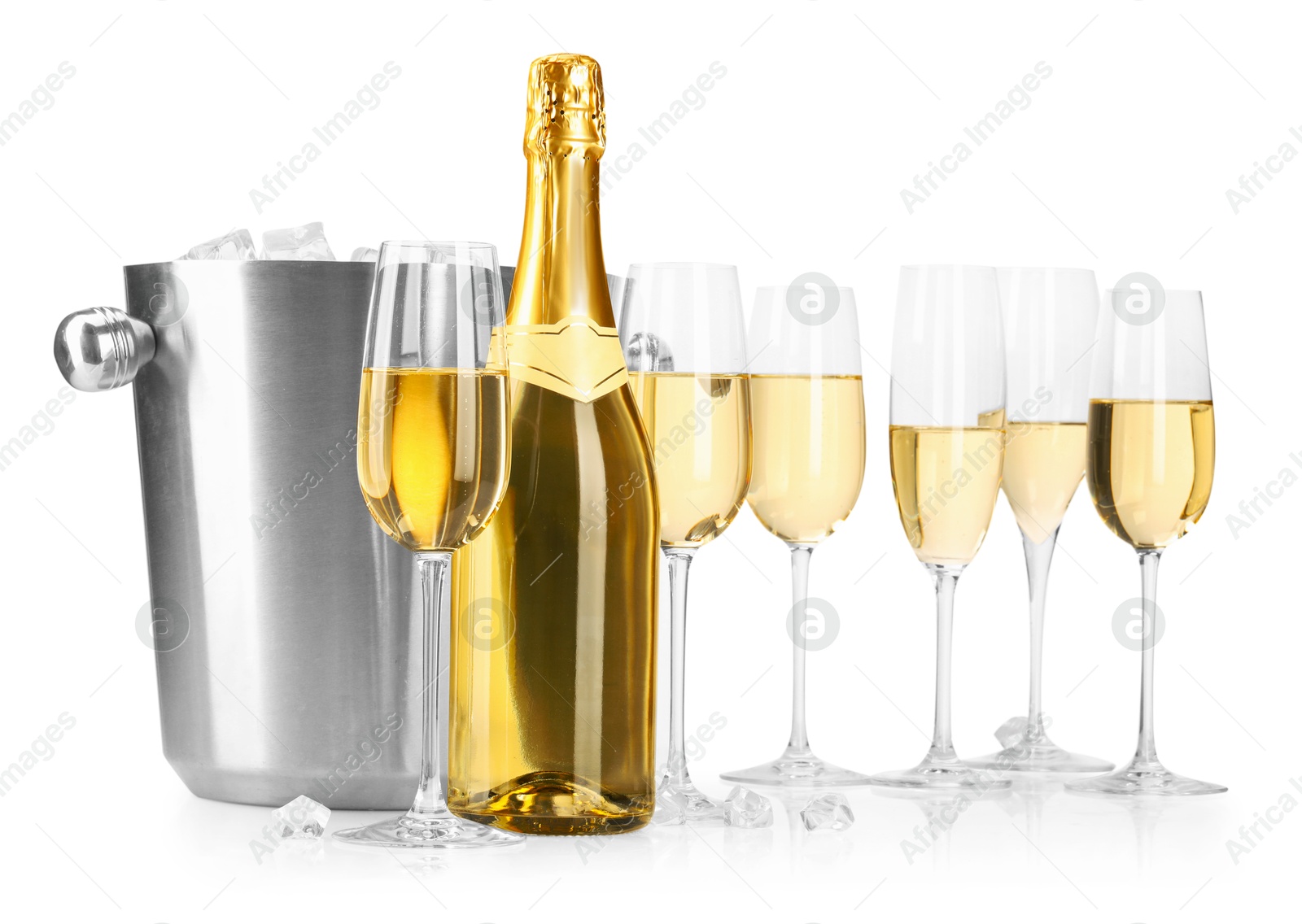 Photo of Champagne and bucket with ice isolated on white