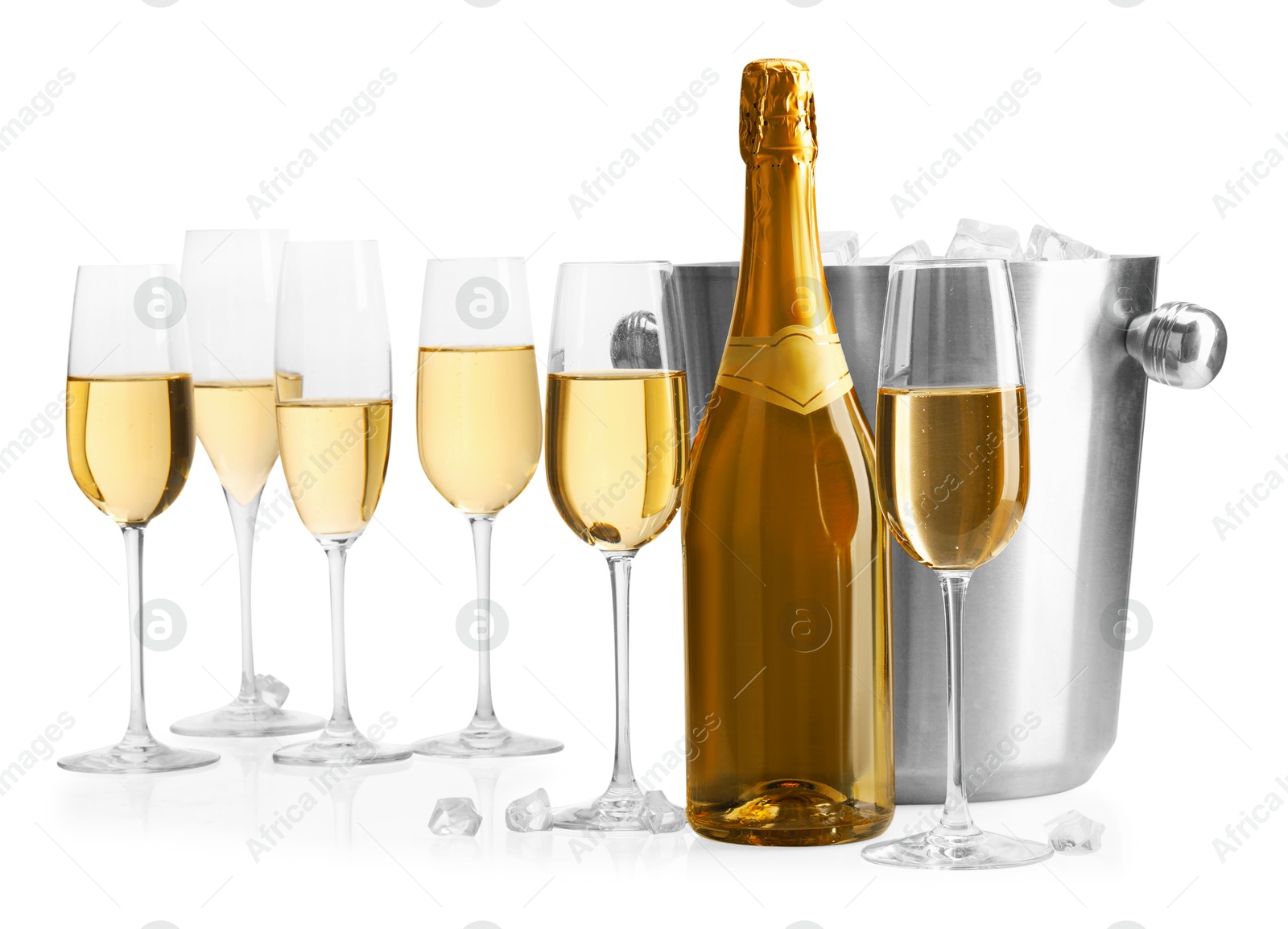 Photo of Champagne and bucket with ice isolated on white