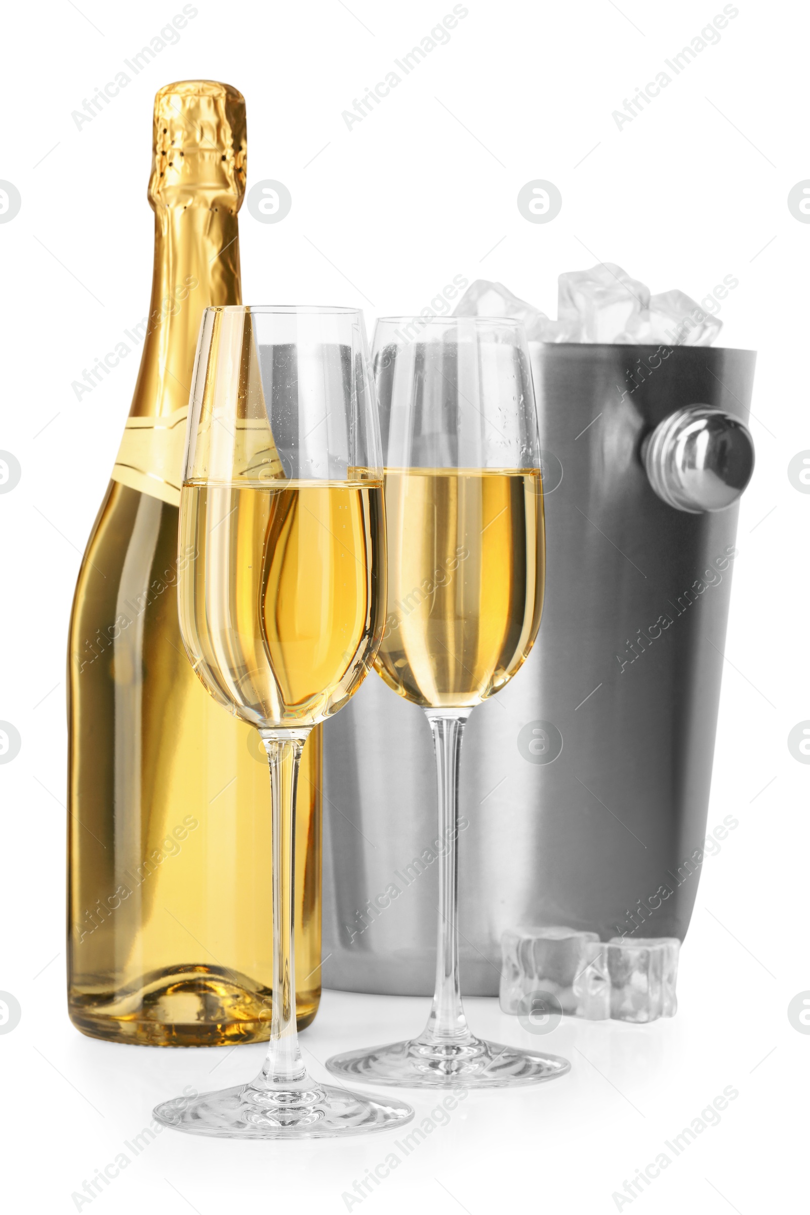 Photo of Champagne and bucket with ice isolated on white