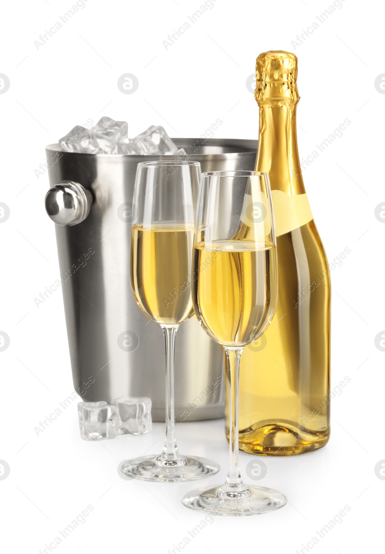 Photo of Champagne and bucket with ice isolated on white