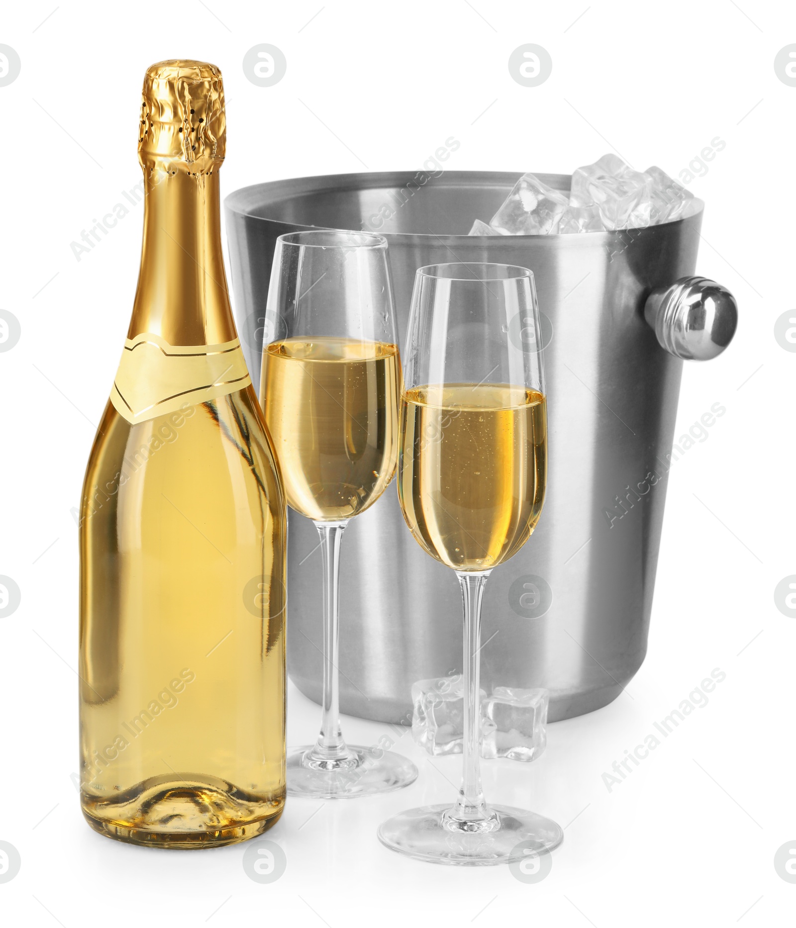 Photo of Champagne and bucket with ice isolated on white