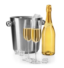 Photo of Champagne and bucket with ice isolated on white