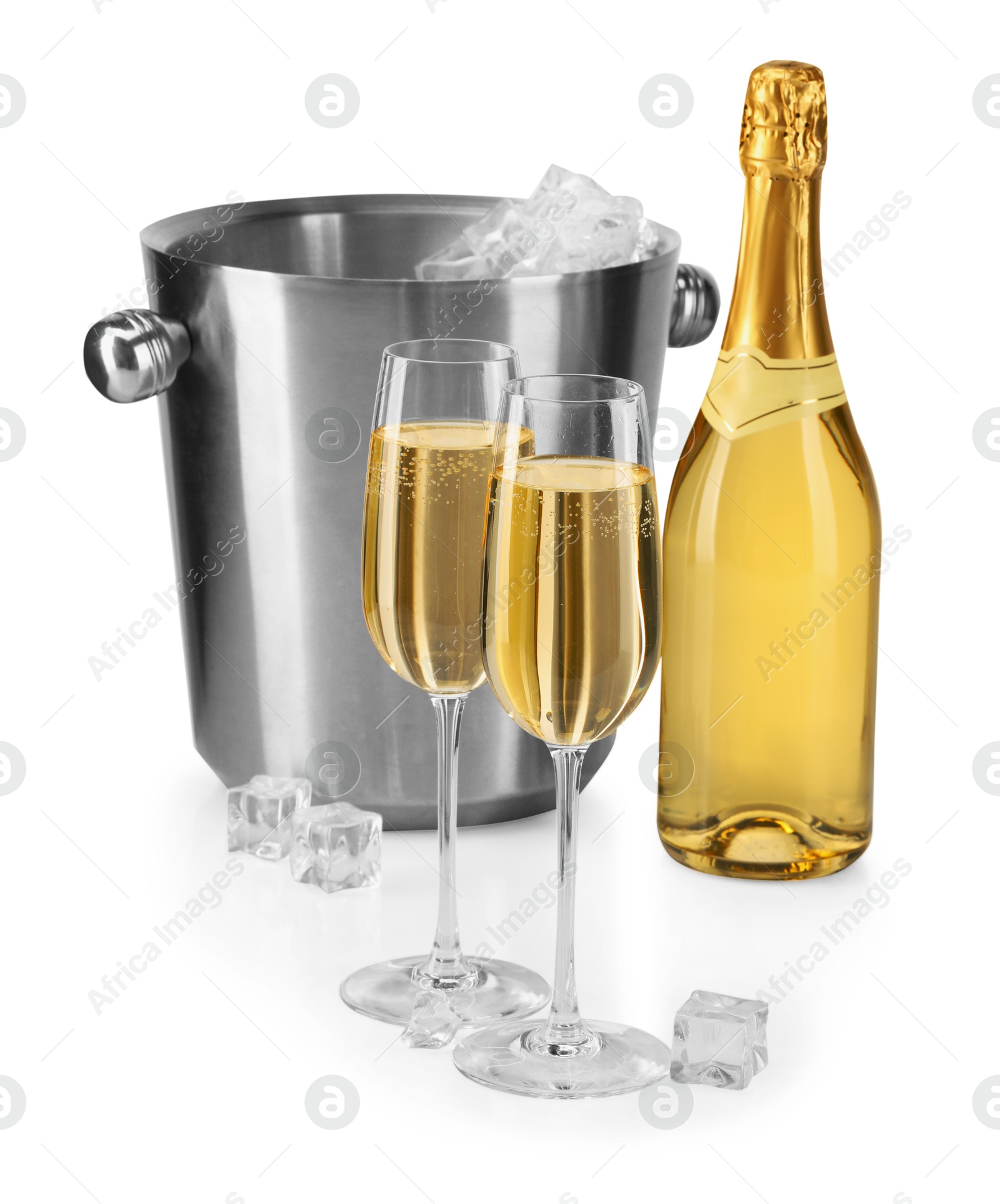 Photo of Champagne and bucket with ice isolated on white