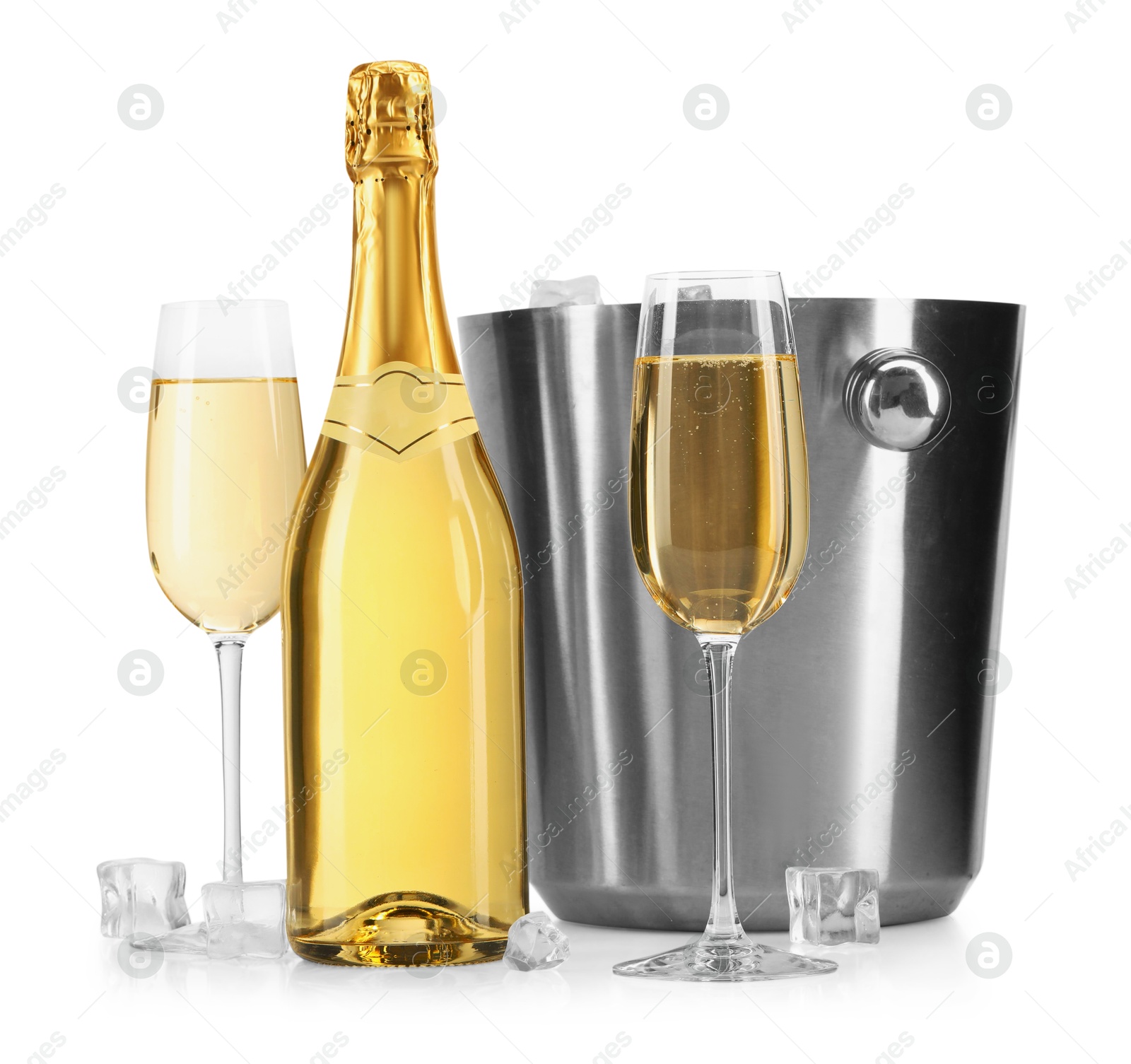 Photo of Champagne and bucket with ice isolated on white