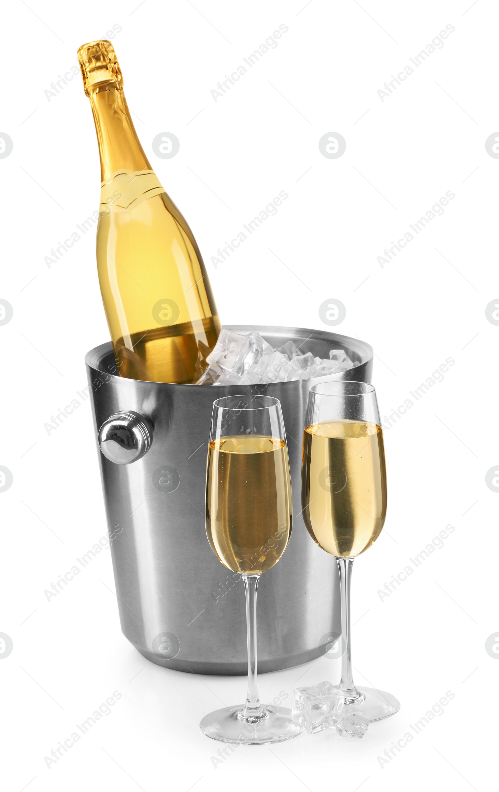 Photo of Champagne and bucket with ice isolated on white