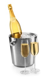 Photo of Champagne and bucket with ice isolated on white