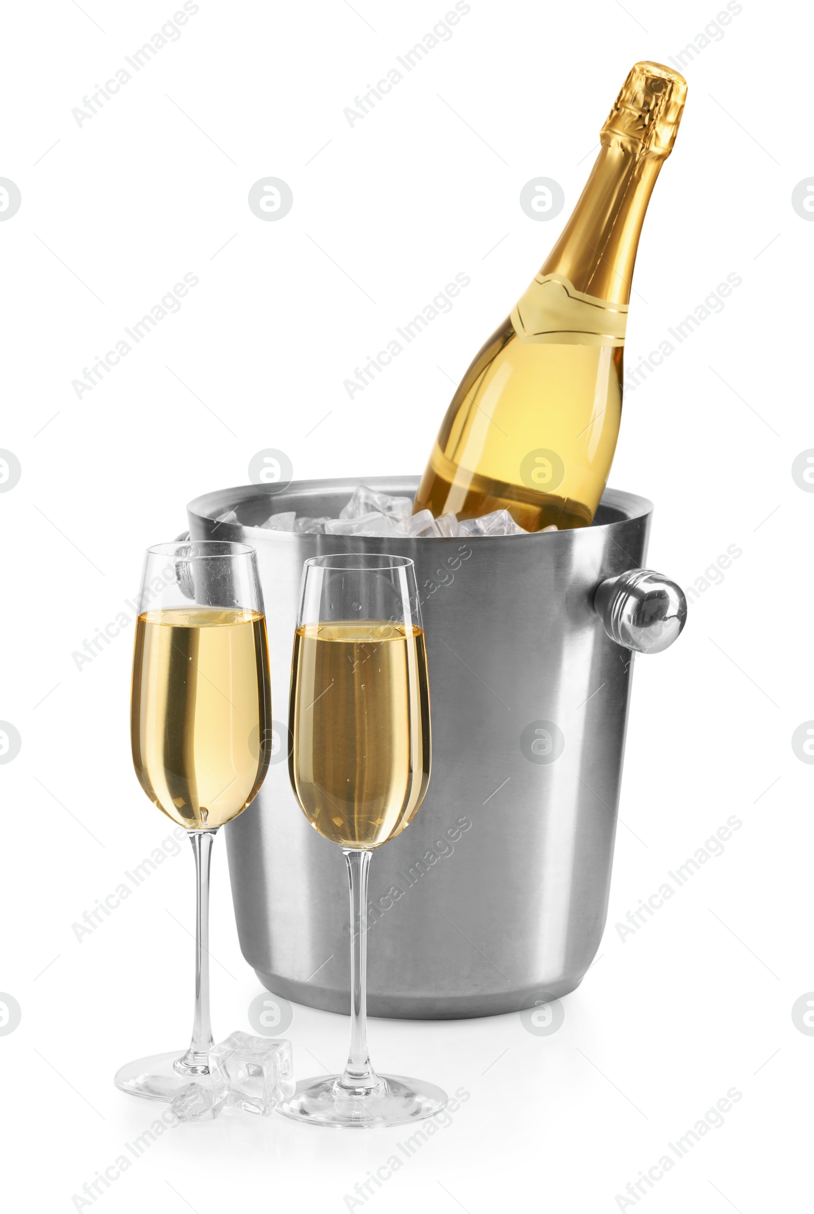 Photo of Champagne and bucket with ice isolated on white