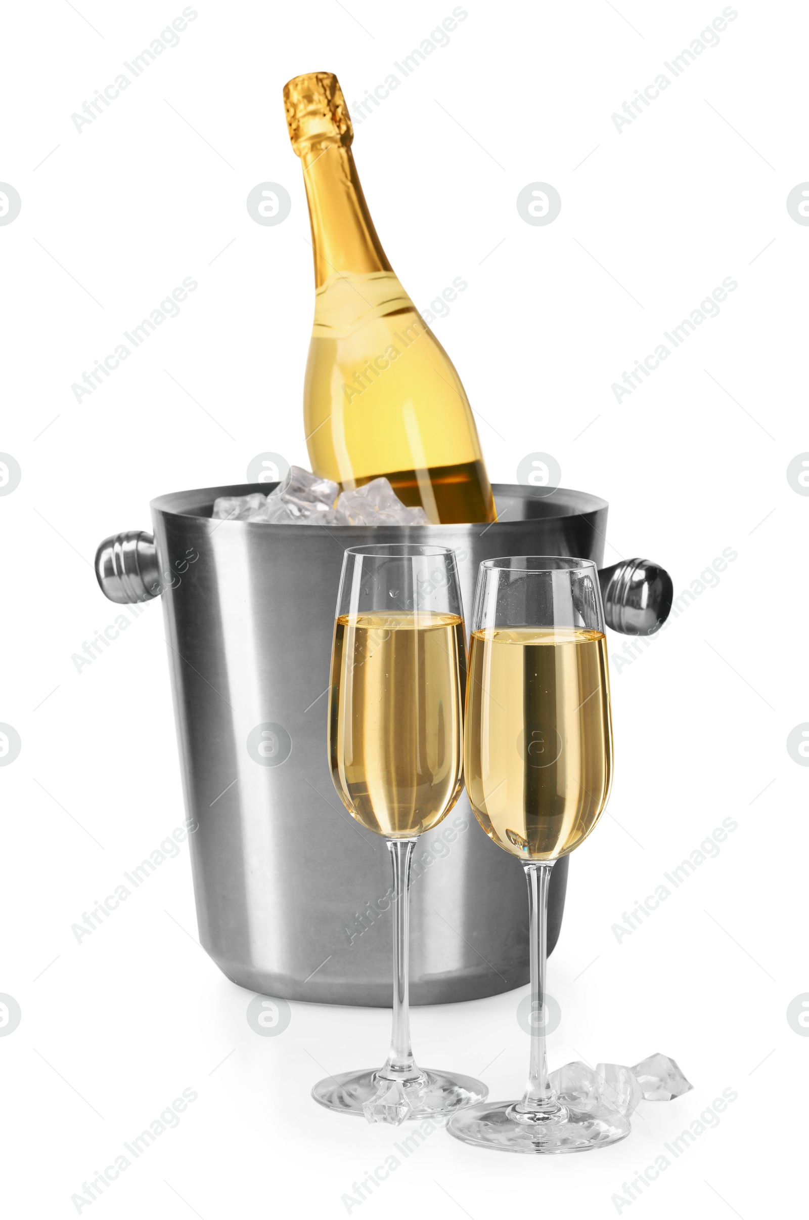 Photo of Champagne and bucket with ice isolated on white