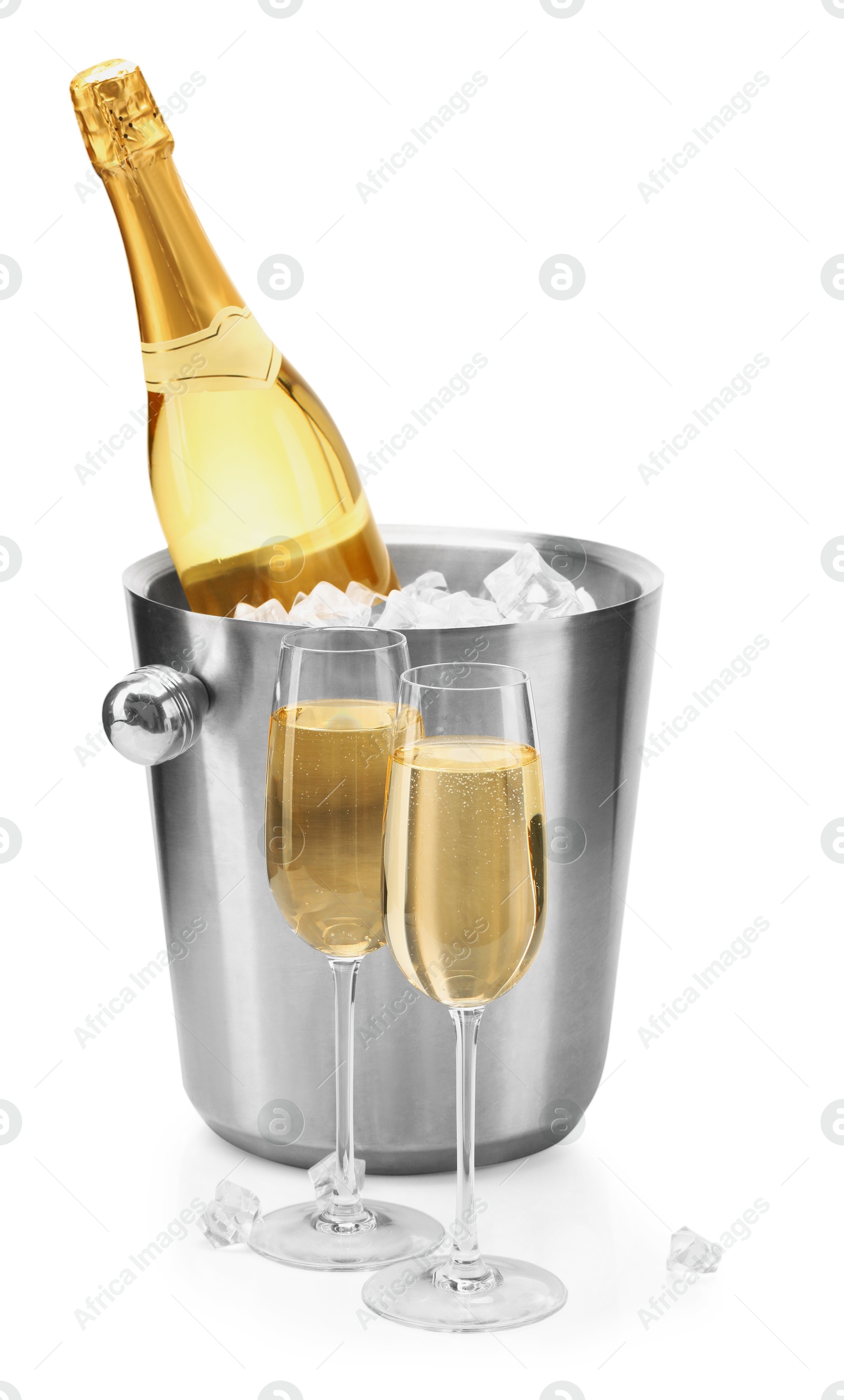 Photo of Champagne and bucket with ice isolated on white