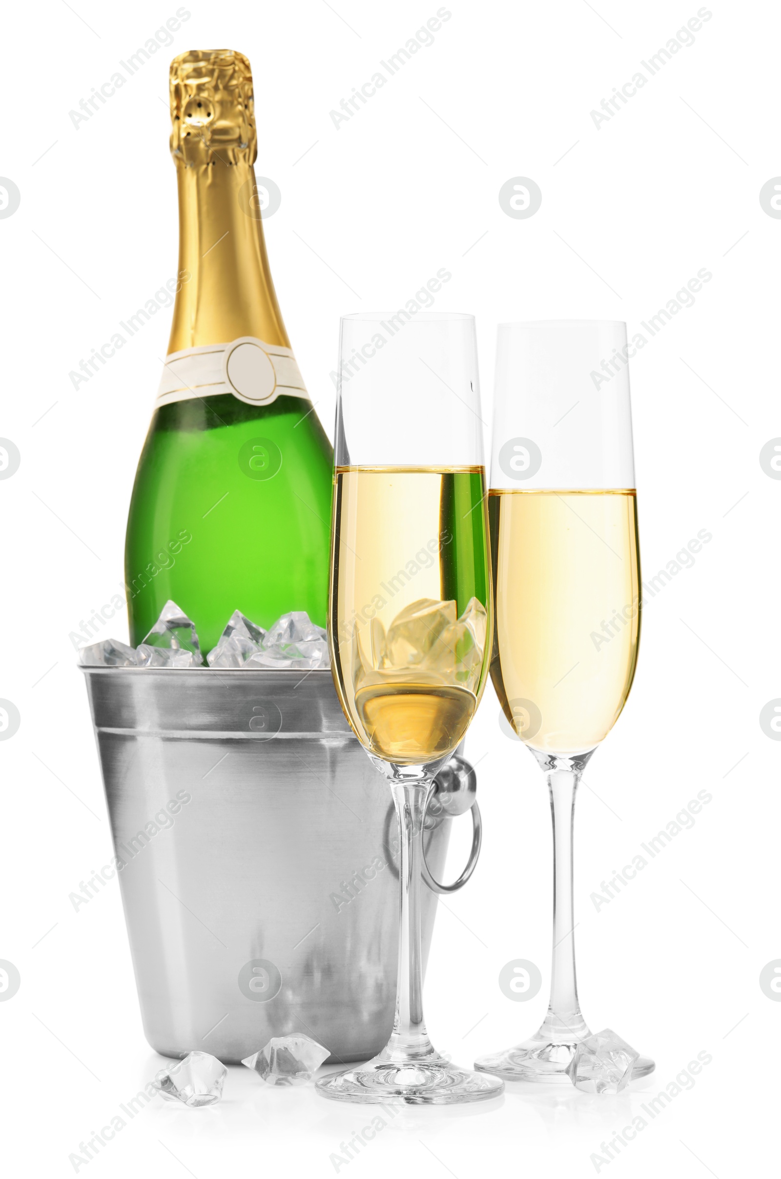 Photo of Champagne and bucket with ice isolated on white