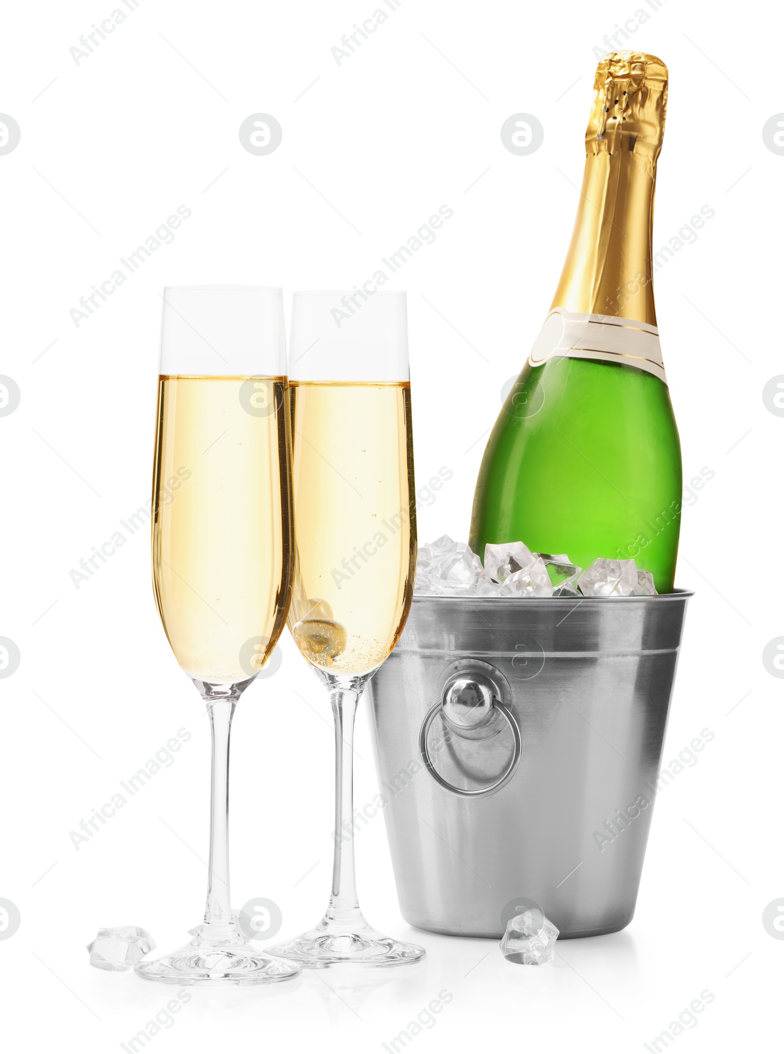 Photo of Champagne and bucket with ice isolated on white