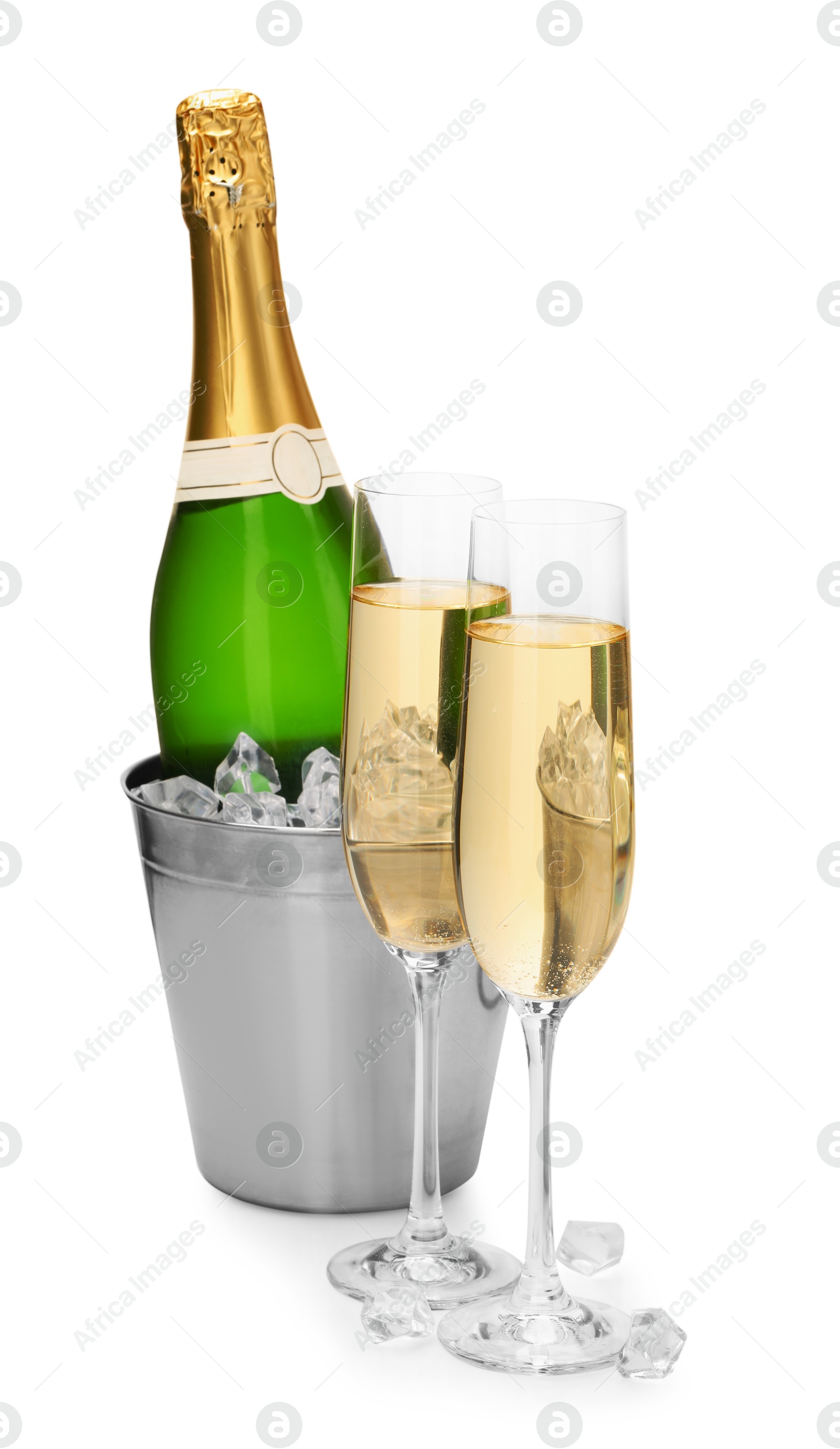 Photo of Champagne and bucket with ice isolated on white