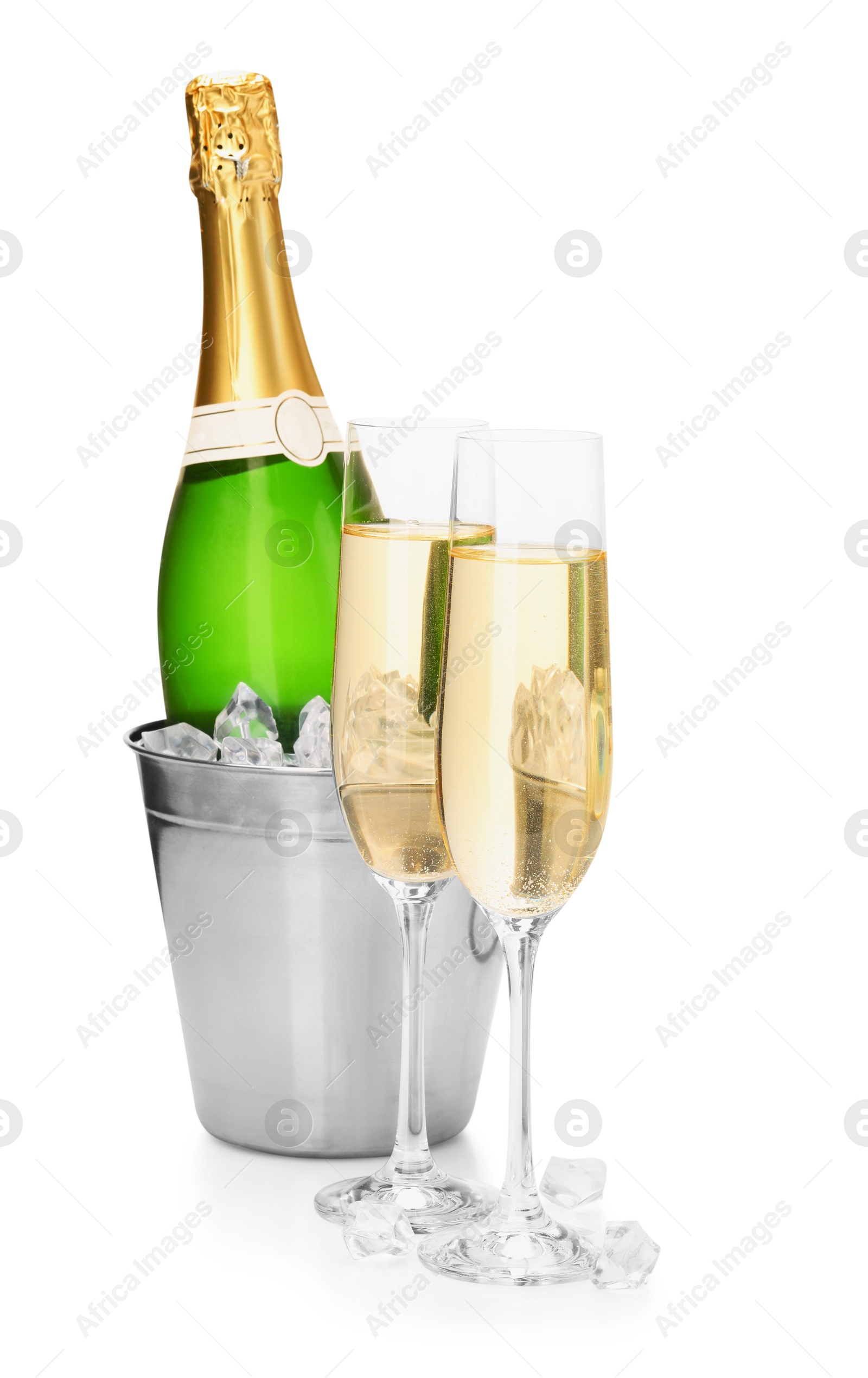 Photo of Champagne and bucket with ice isolated on white