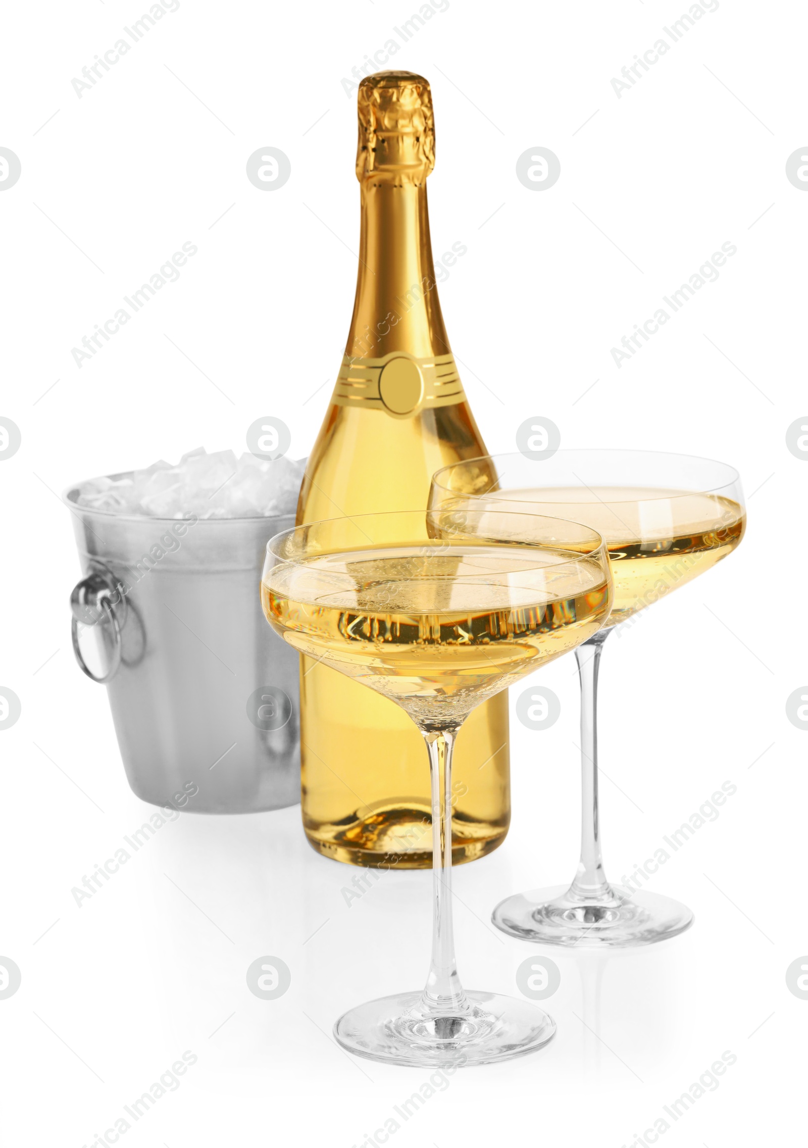 Photo of Champagne and bucket with ice isolated on white