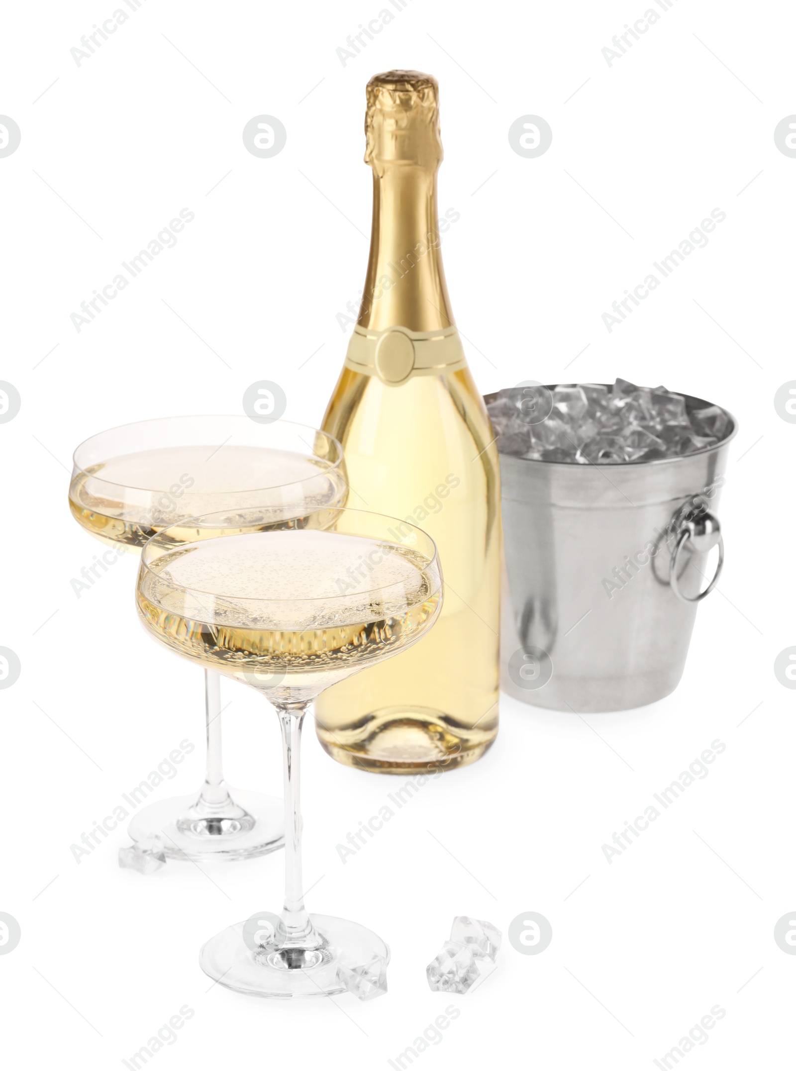 Photo of Champagne and bucket with ice isolated on white