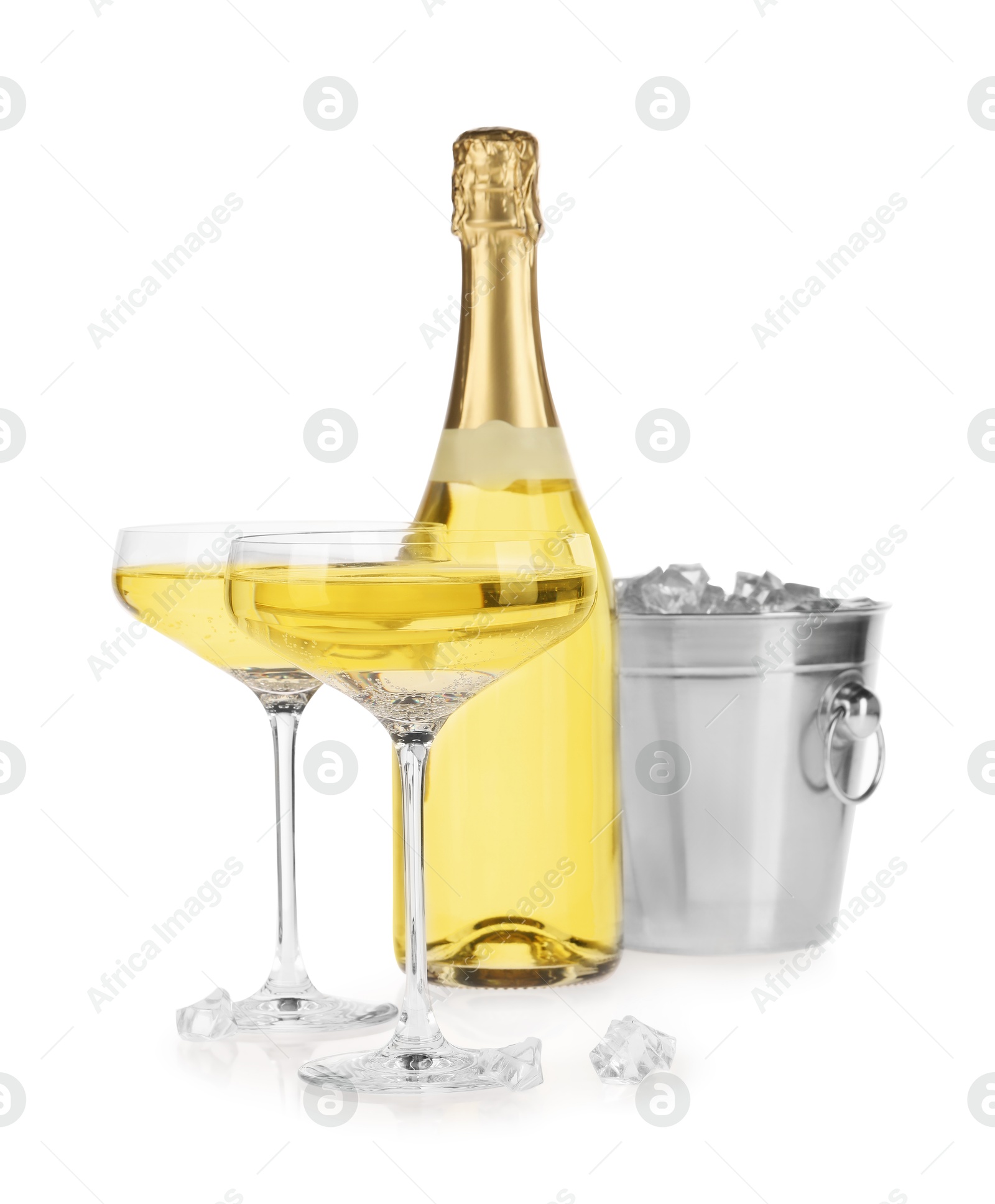 Photo of Champagne and bucket with ice isolated on white