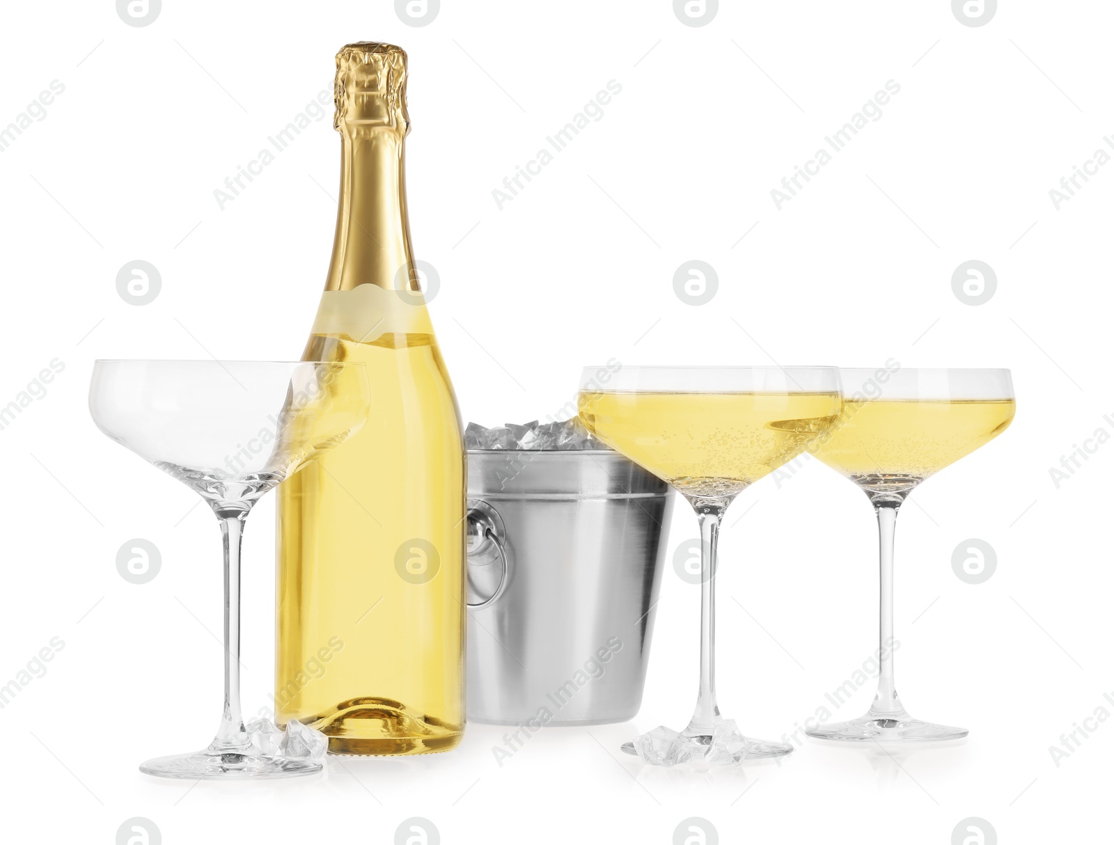 Photo of Champagne and bucket with ice isolated on white