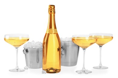 Photo of Champagne and buckets with ice isolated on white