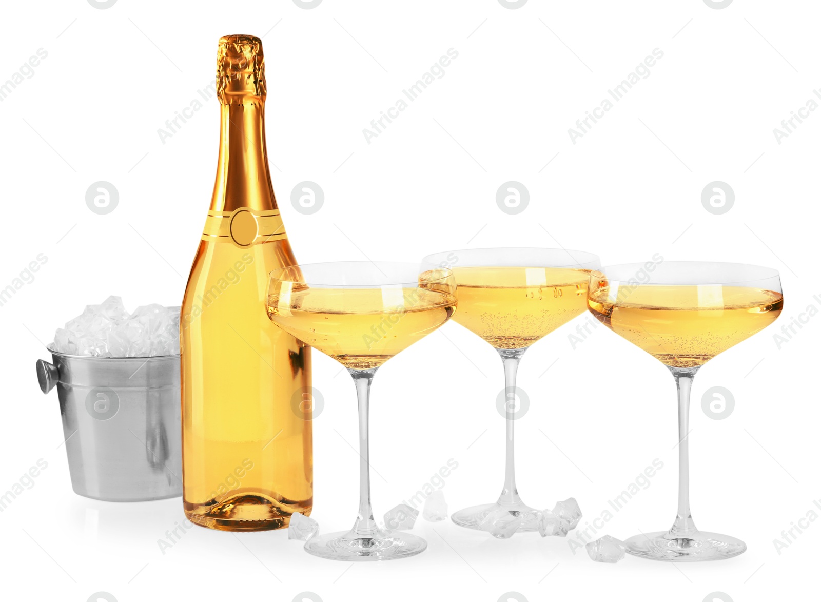 Photo of Champagne and bucket with ice isolated on white