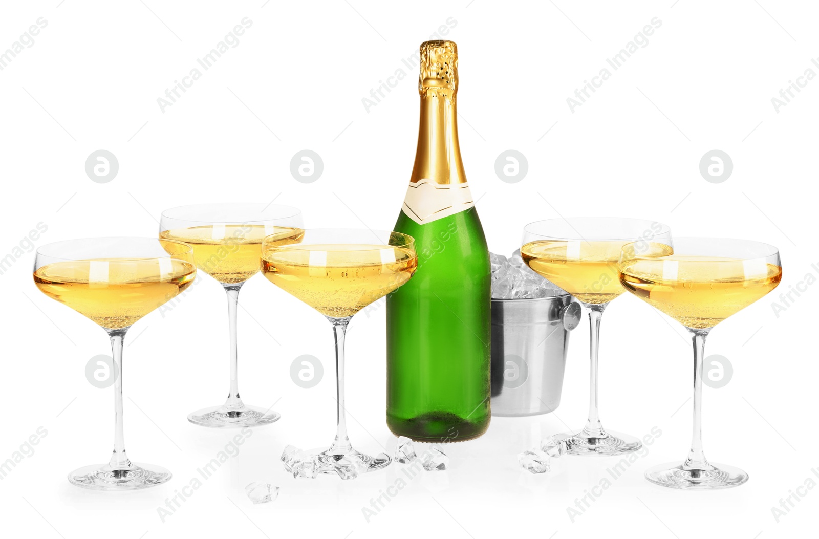 Photo of Champagne and bucket with ice isolated on white