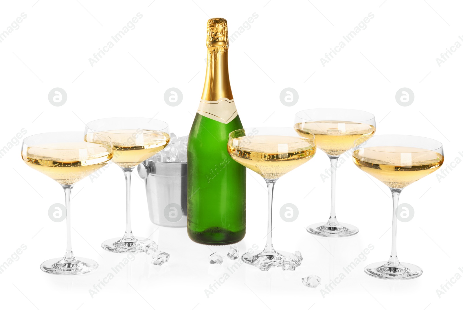 Photo of Champagne and bucket with ice isolated on white