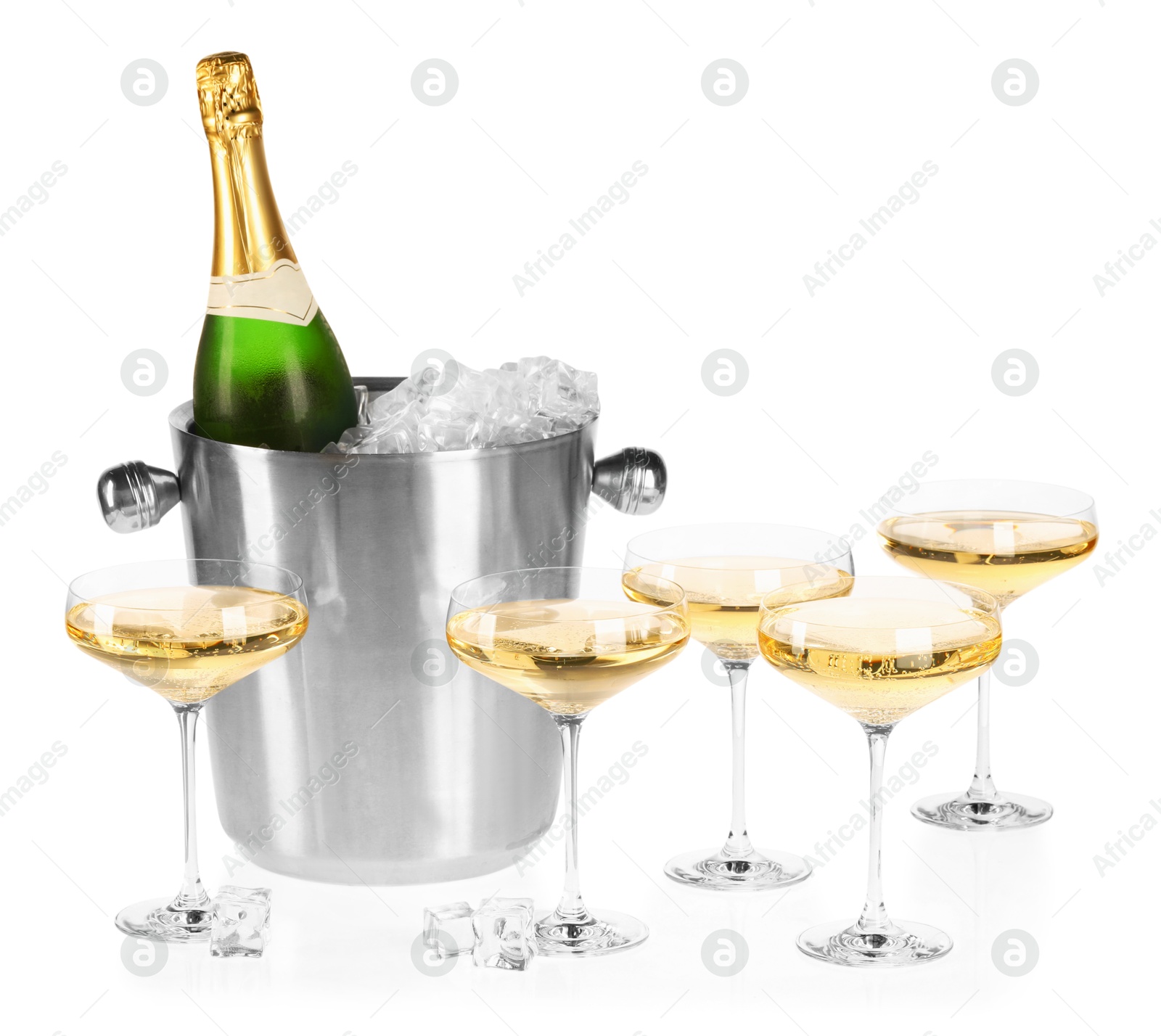 Photo of Champagne and bucket with ice isolated on white